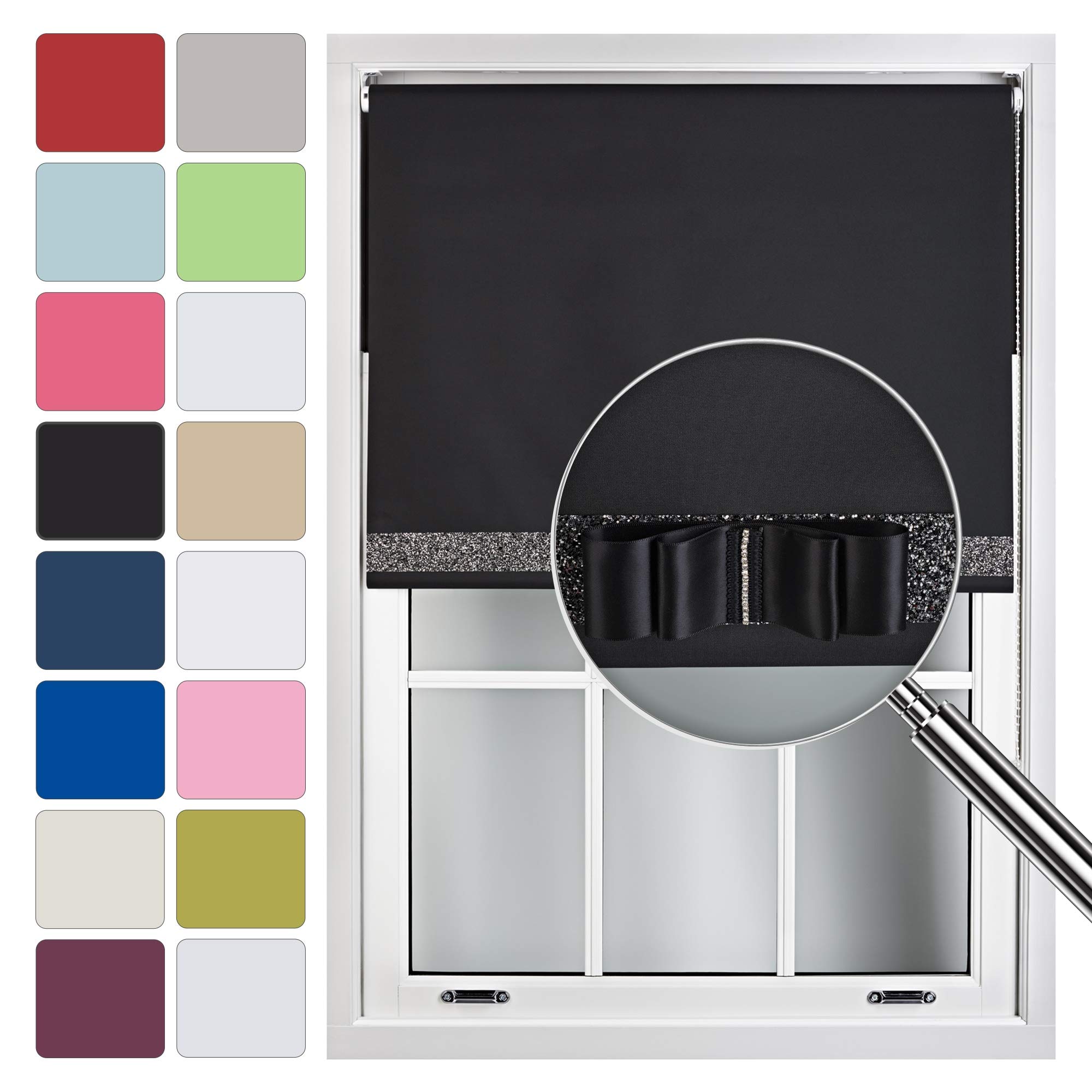 FURNISHED Blackout Roller Blinds Made to Measure with Glitter Trim & Bow - Black 90cm x 165cm