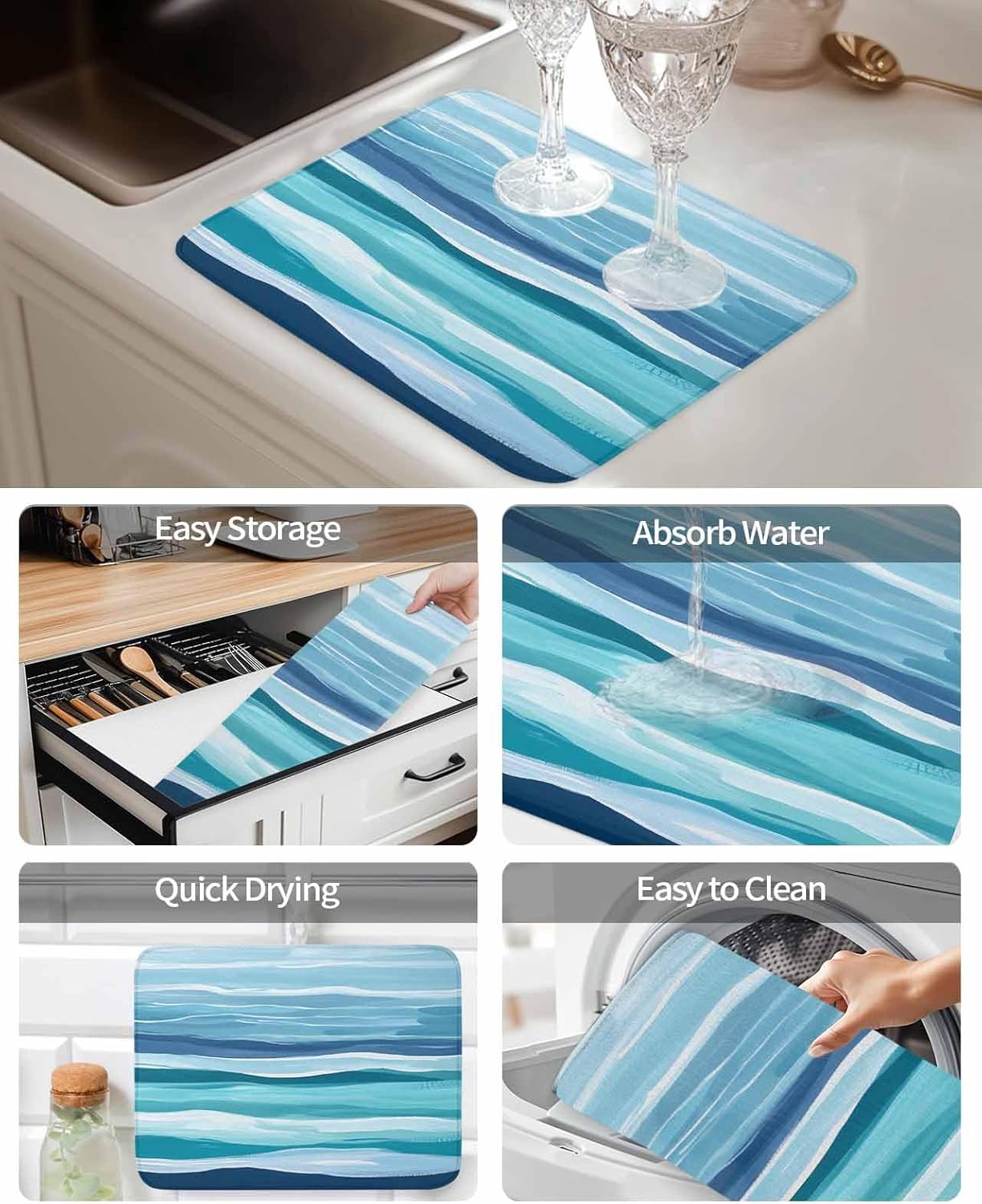 2 Pack Dish Drying Mats,Summer Navy Blue Water Ripple Super Absorbent Microfiber Dishes Drainer Mat Watercolor Gradient Ombre Reversible Drying Rack Pads for Kitchen Counter Sink