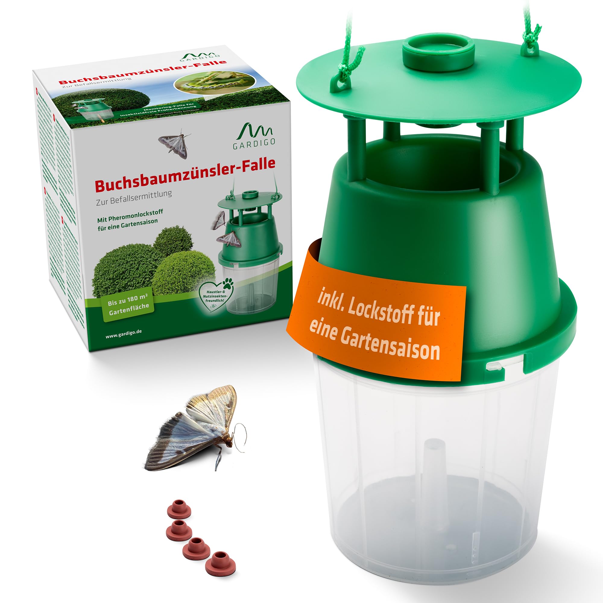 Gardigo® Trampa para Polillas del Boj con Atrayente de Feromonas | Incluye 4 dispensadores de atrayentes | Antipolillas Fácil de Usar sin Insecticida | Trampa contra la Polilla del Boj - 180m²