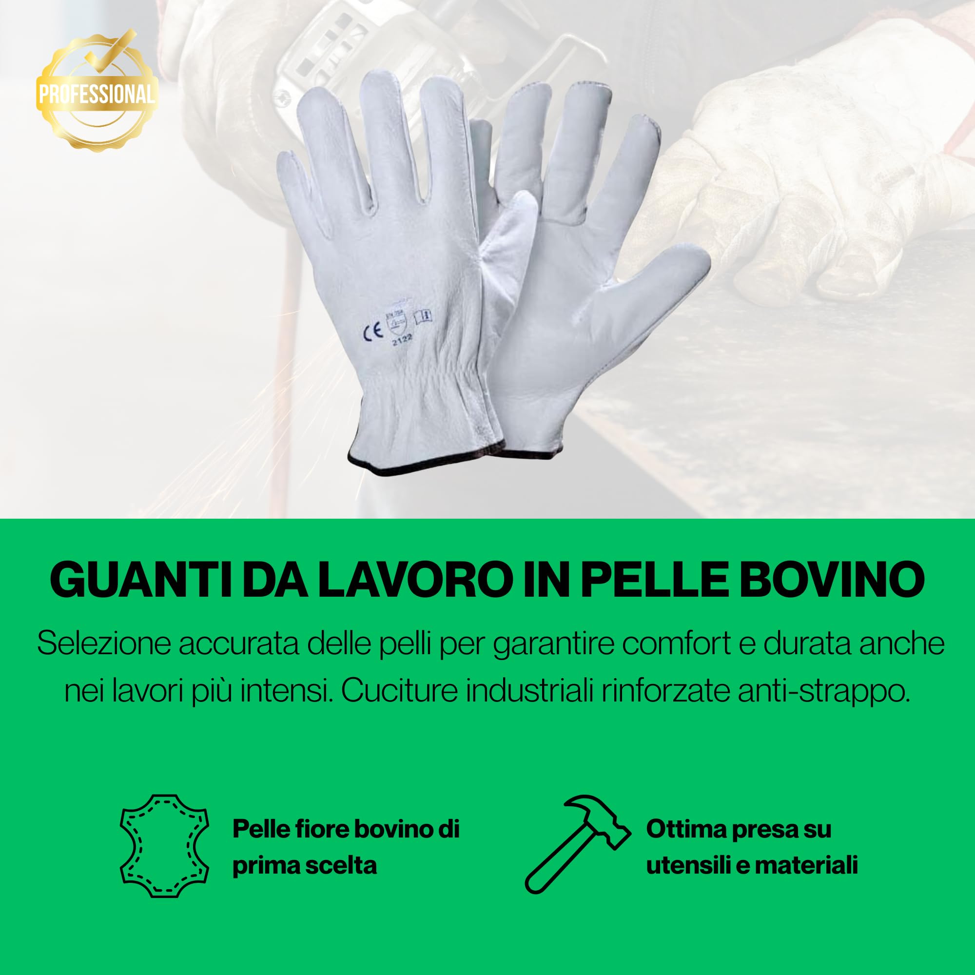 12 pares de guantes de trabajo de piel flor bovino, talla 8/9/10/11, ideales para construcción, carpintería, jardinería, mecánica, altamente resistentes y profesionales – Reforzados (9 L)