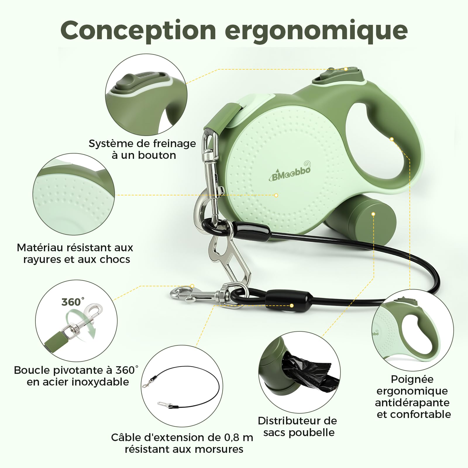 Laisse rétractable pour Chien 8m, Laisse rétractable avec Corde en Acier résistante aux morsures et Support pour Sac à crottes, pour Chiens jusqu'à 35 kg, pour entraînement, forêt, Plage
