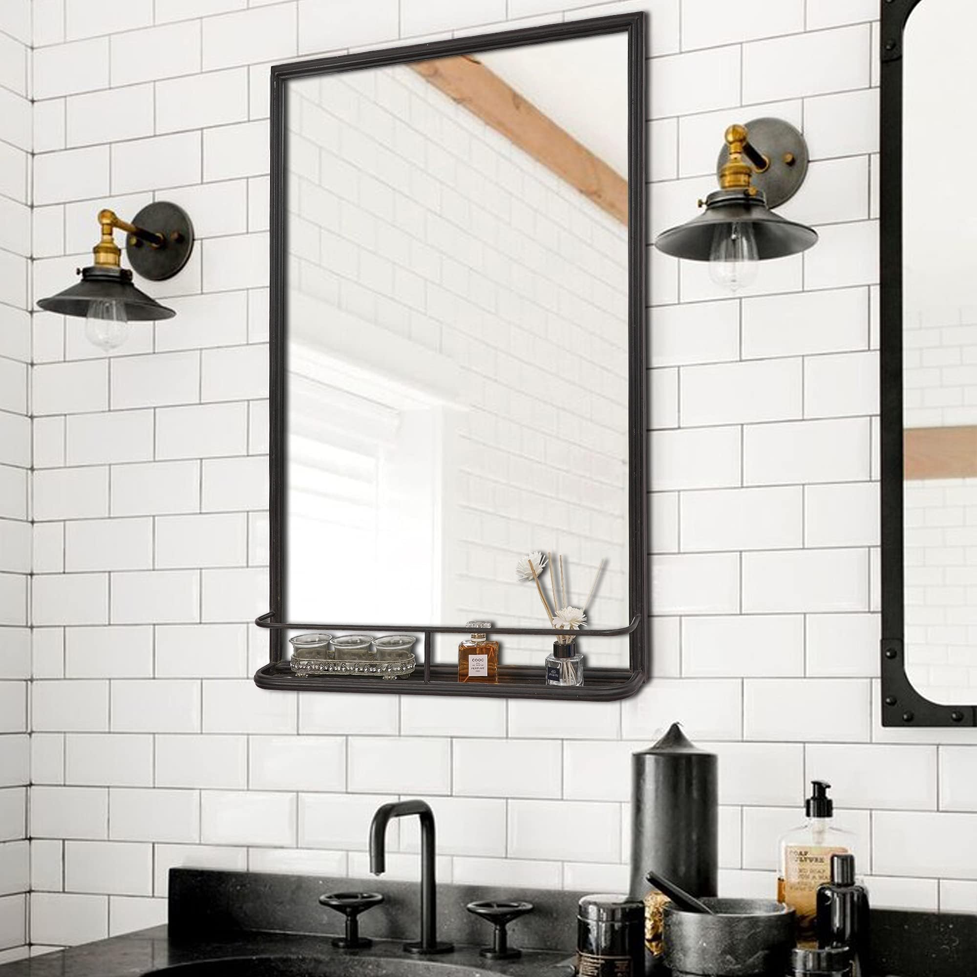 Amazon.com: Metal Wall Mirror Rectangle Large Bathroom Mirror with Shelf, Distressed Black, 22 ...