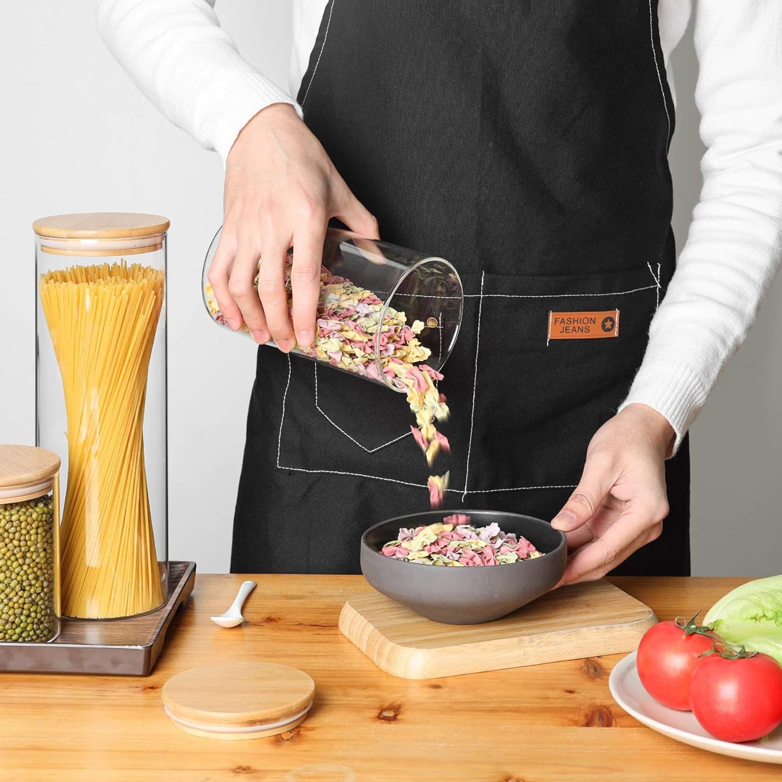 Set di 5 barattoli per alimenti in vetro con coperchio, 2100 ml, 10 cm x 10 cm x 30 cm, stile naturale minimalista, barattolo per spaghetti, pasta, cereali