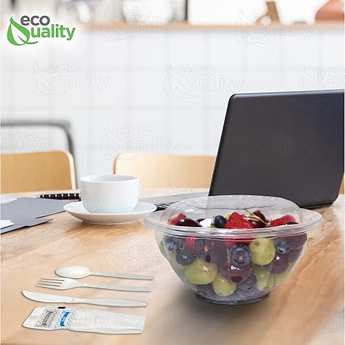 Miniatura 7 de Cuencos para ensalada de 32 onzas con tapas y cubiertos (300 unidades)  Recipientes de ensalada desechables de plástico transparente  Para almuerzo,