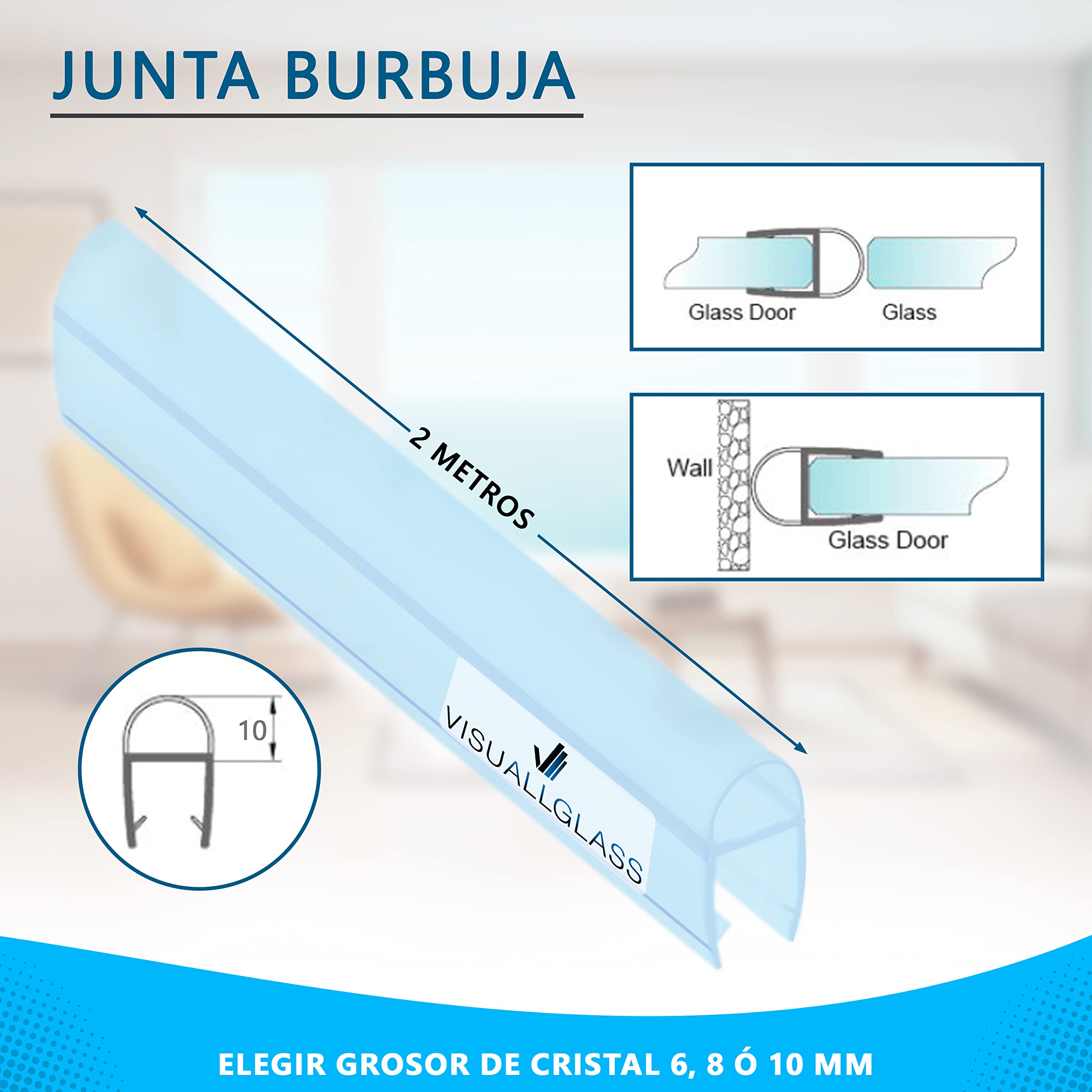 VisuAllglass - Junta para cortina de cristal, Repuesto universal transparente de 2 m. Para cristales de 6-8-10 mm. Válido en perfil de ducha - mamparas tipo corredera y plegable. (Junta burbuja 10 mm)