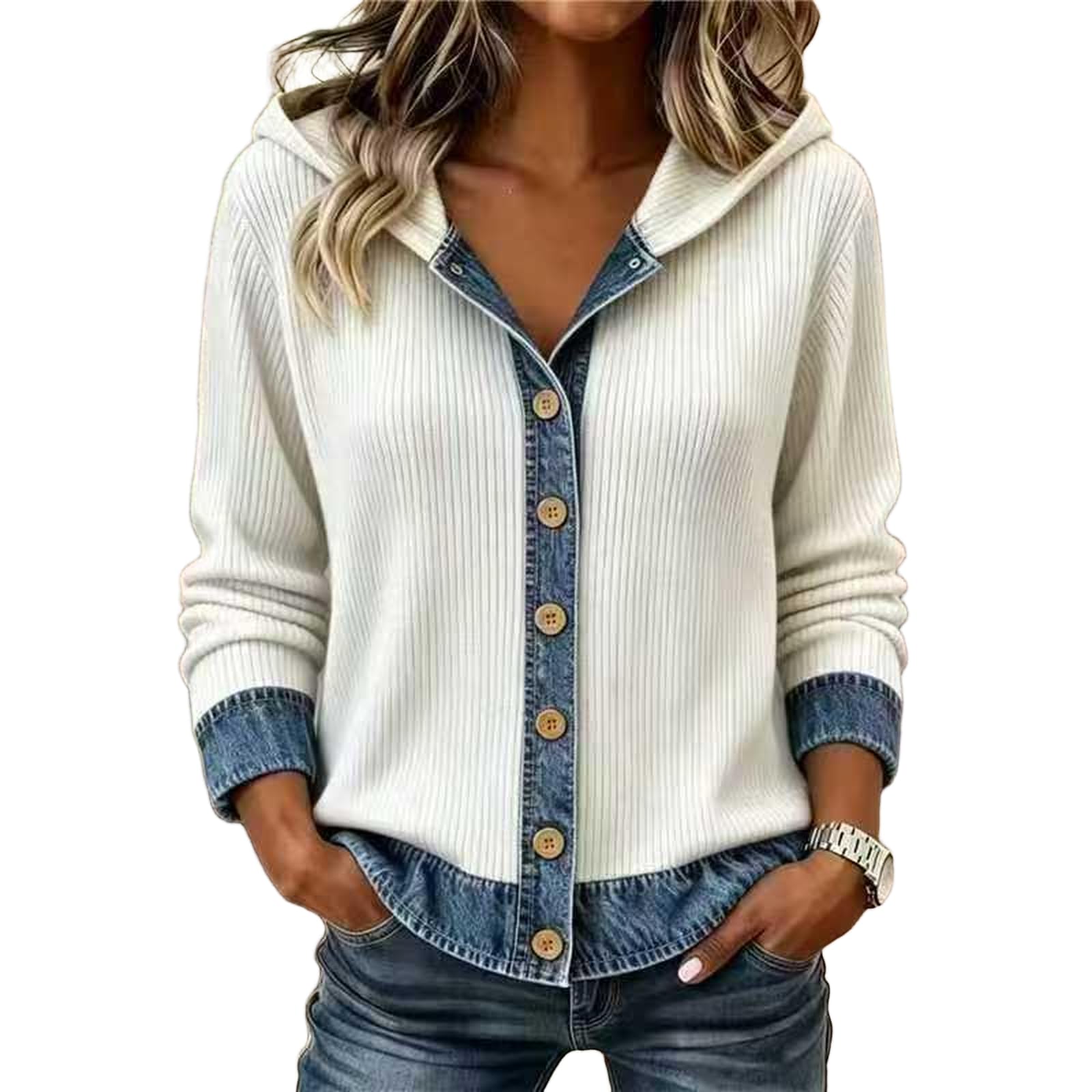Generisch Strickjacke Damen Mit Kapuze Jeansjacke Patchwork Jacket Jeans