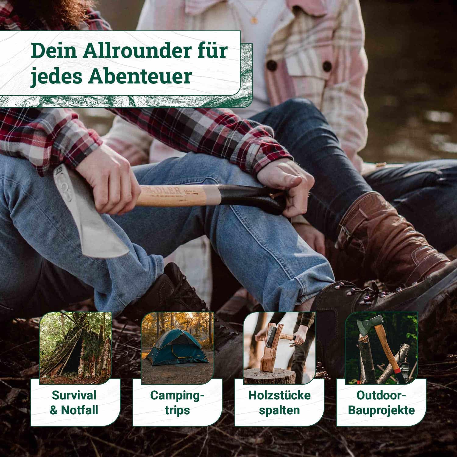 ADLER Kanuaxt Handaxt 600g 50 cm C60 Hickorystiel Spalten Feuerholz Rot | Geschmiedeter Kopf ein und beidhändig nutzbar mit Lederschutz Made in Germany
