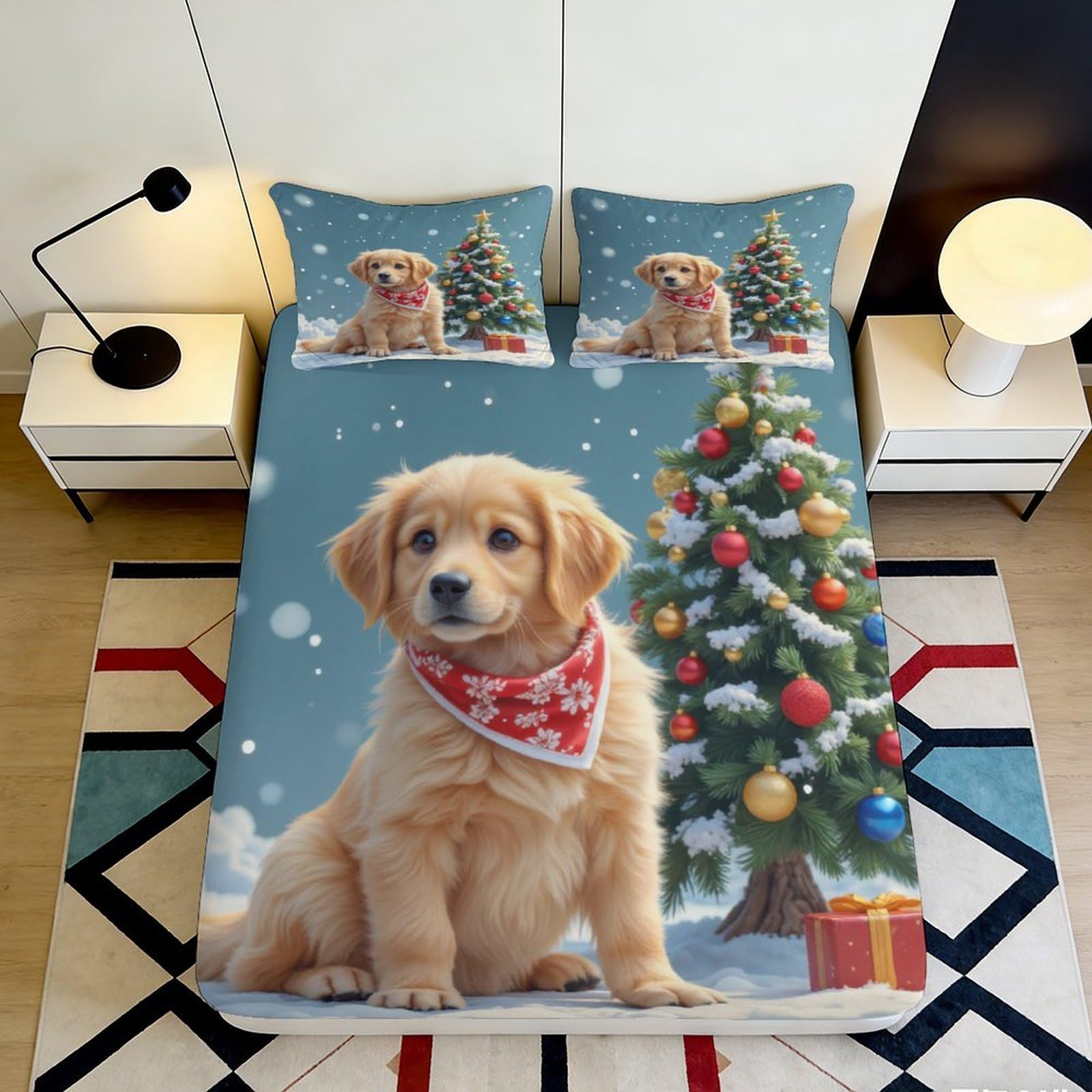 Uynsixtme Style-7 3D Printed Christmas Puppy Fitted Sheet Microfiber Deep Pocket Bedroom Bedding Christmas Dog Mattress Fitted Cover Non-Slip Washable 200X200x25cm