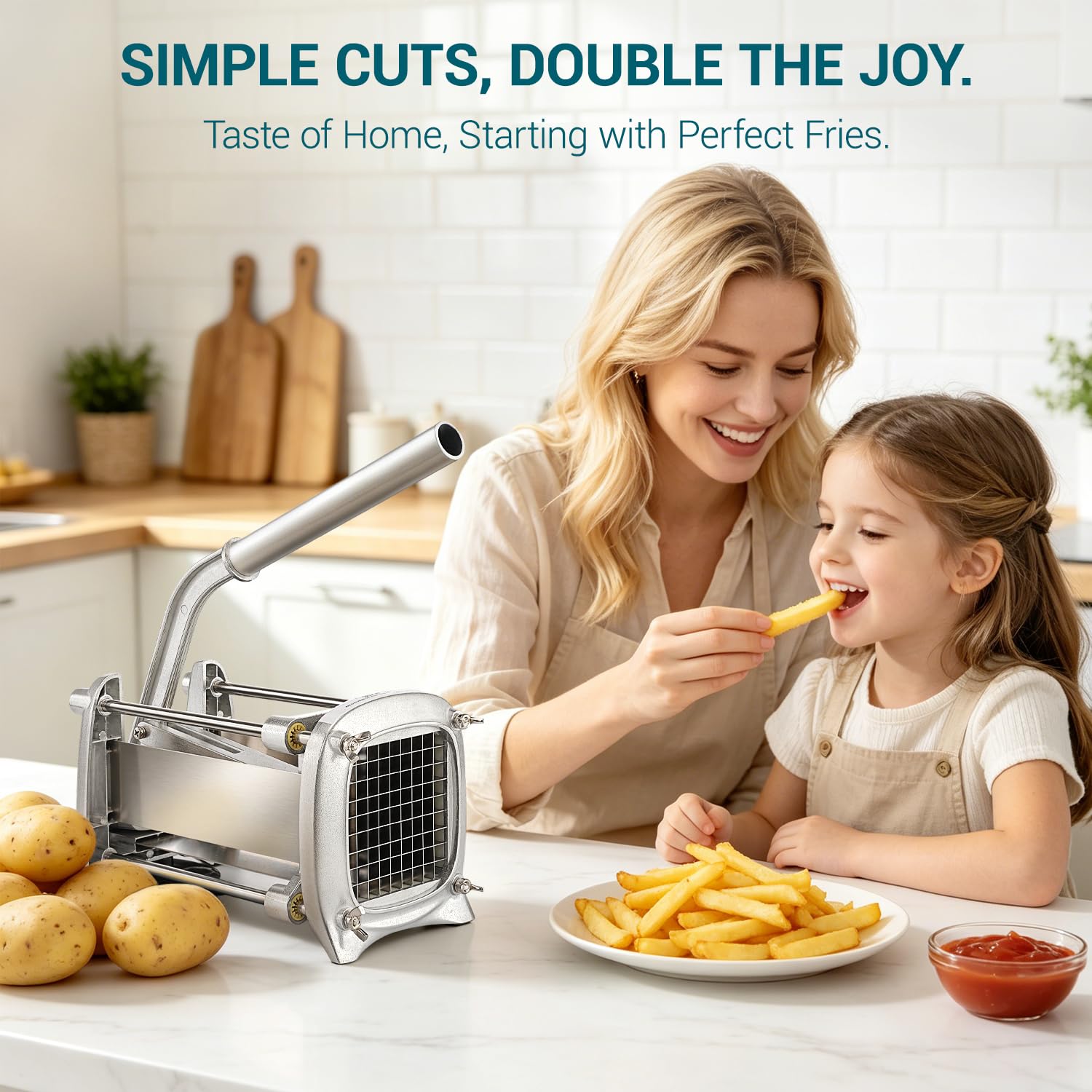 Sopito Cortador de patatas Corta Patatas Fritas Profesional | con Cuchillas de Acero Inoxidable de 6 mm, 9 mm y 12 mm para Verduras y Frutas, Plata