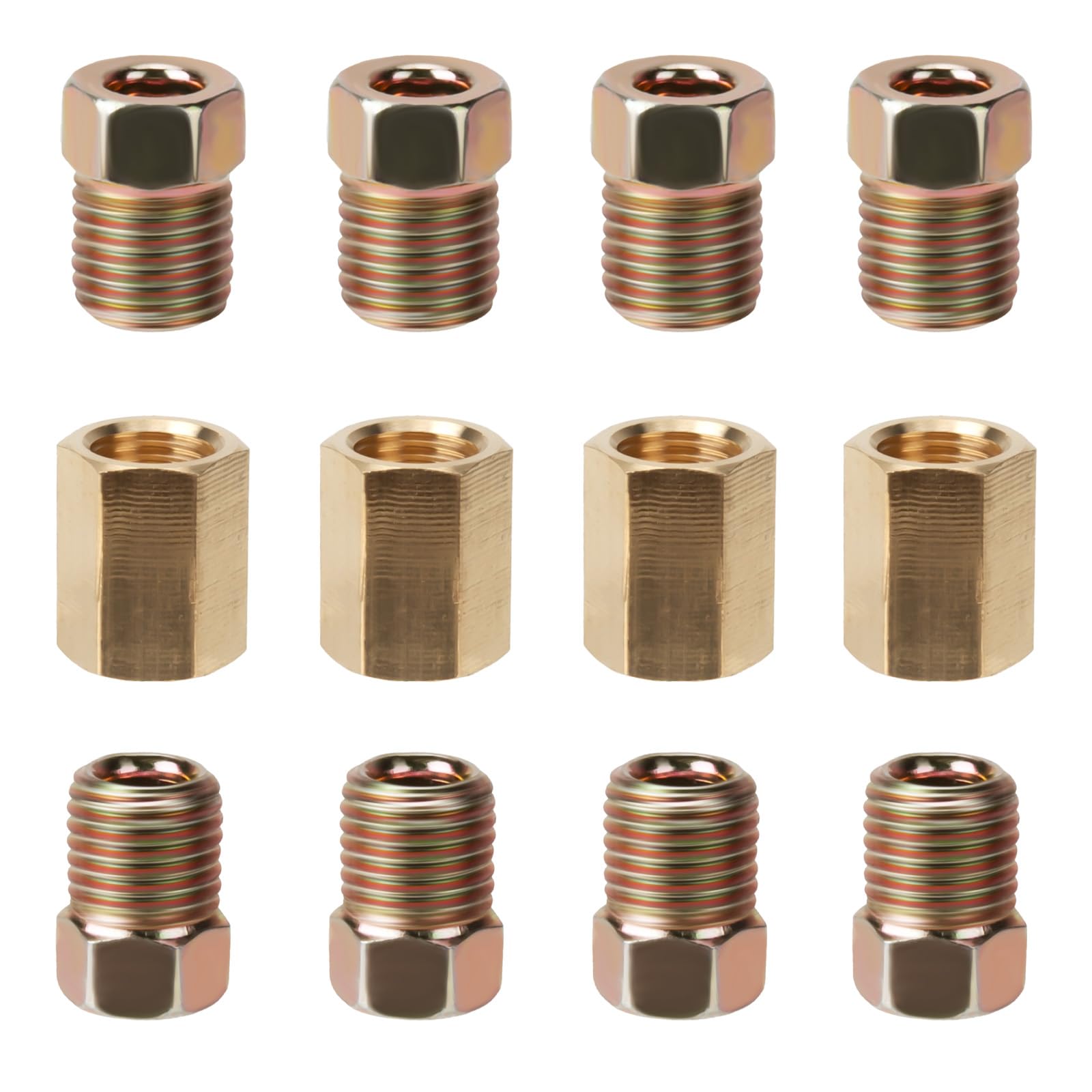 3/16 Brake Line Pressure Fittings, 12 Pieces 3/8 Inch-24 Threads Brass Brake Line Fitting Assortment for 3/16 Inch Brake Line Tube (4 Unions, 8 Nuts)