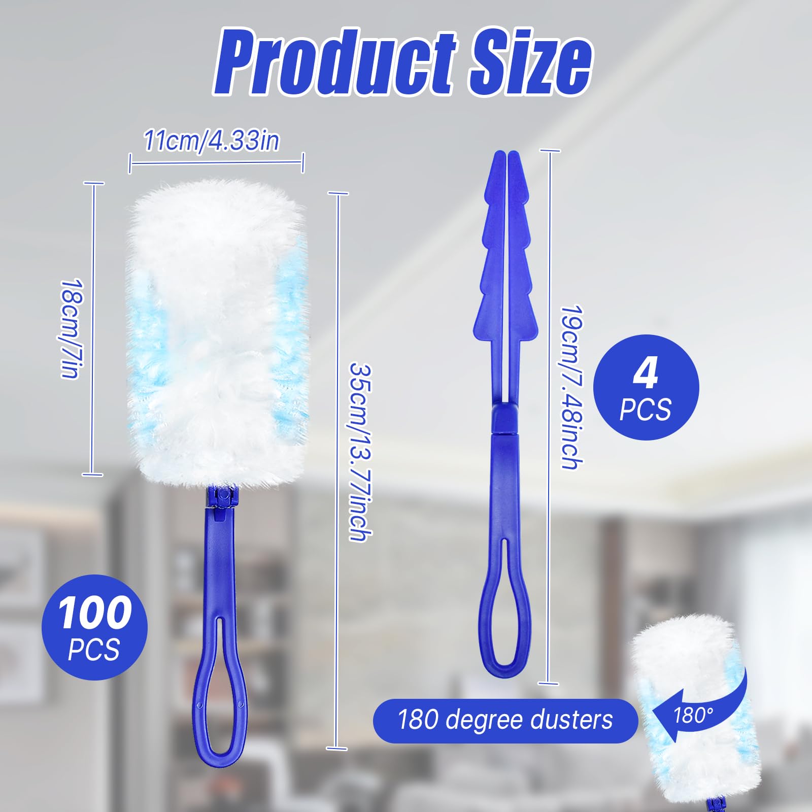Recambio de plumero, 100 piezas de fibra azul, repuesto desechable para limpieza del hogar, oficina, persianas, ventiladores de techo, muebles (sin superficies rayadas), asas de plástico