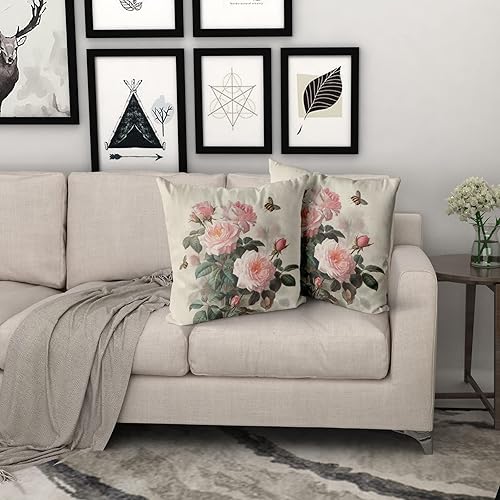 Miniatura 7 de Sweetshow Juego de 2 fundas de almohada con estampado floral de rosas rosadas de 18 x 18 pulgadas, diseño vintage de hojas y abejas, arte moderno,