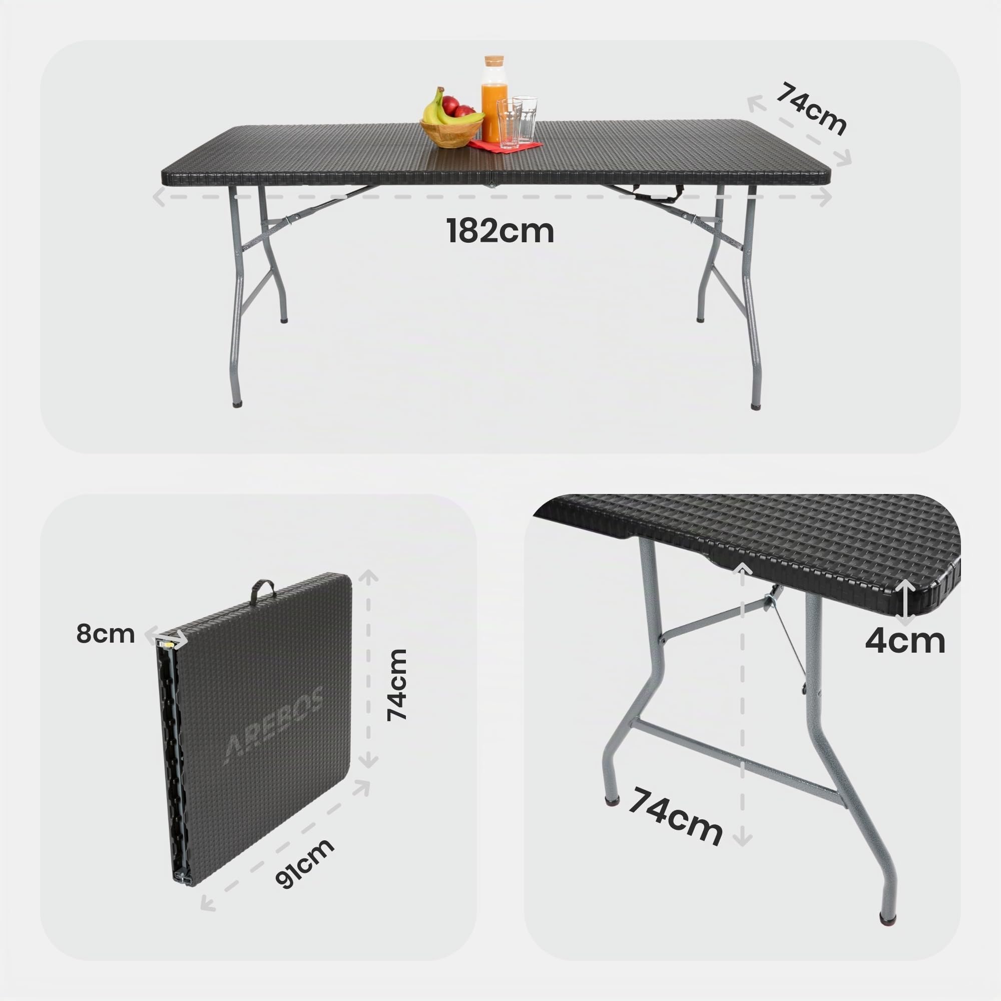 Arebos Tabla Plegable Portátil | Mesa Jardín Exterior 182×74×74 cm | Tabla Camping | MAX 8 Personas | Negro