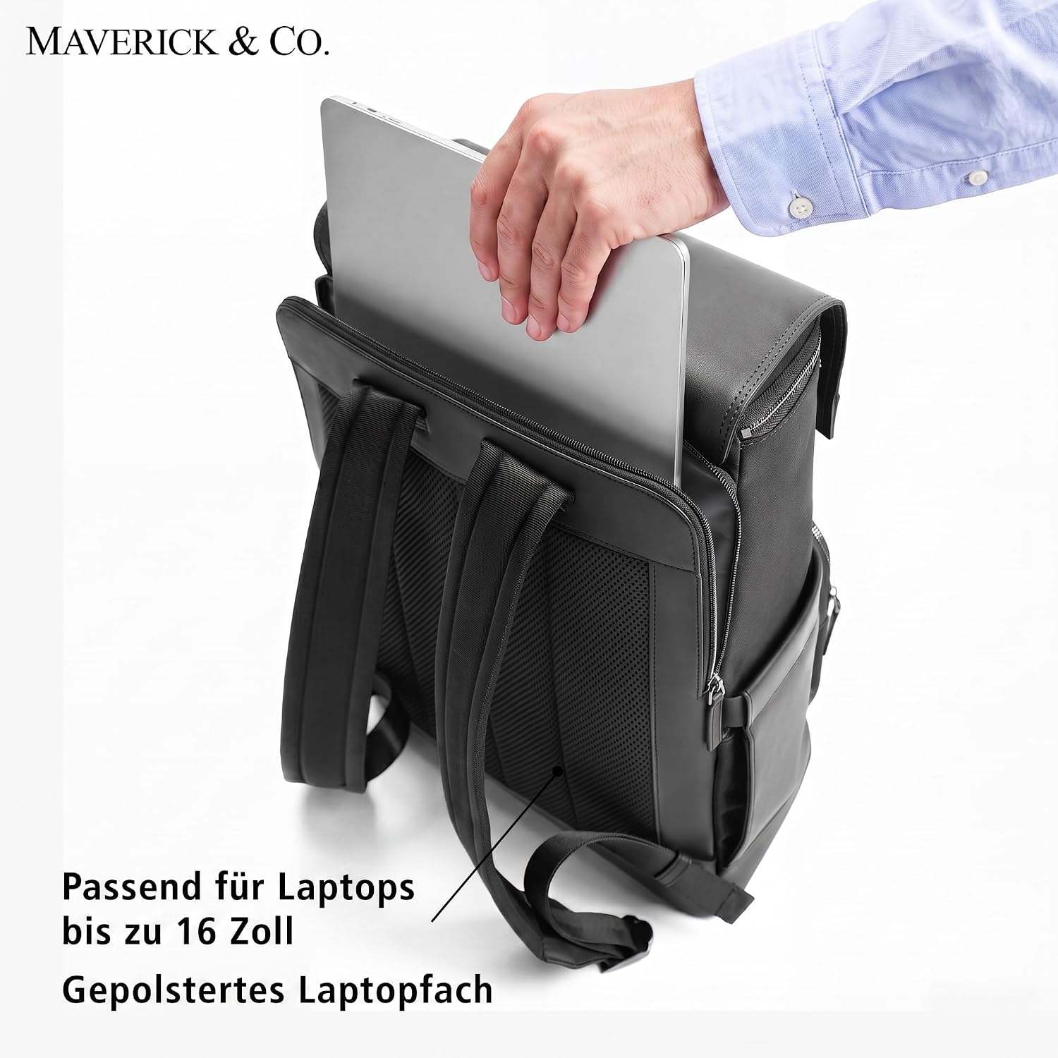 Maverick & Co. Maximus 20L Lightweight Nylon & Vegan Leather Laptop Backpack for Men & Women - Large Work & Travel Bag, Fits 16" Laptop (Black) image 3