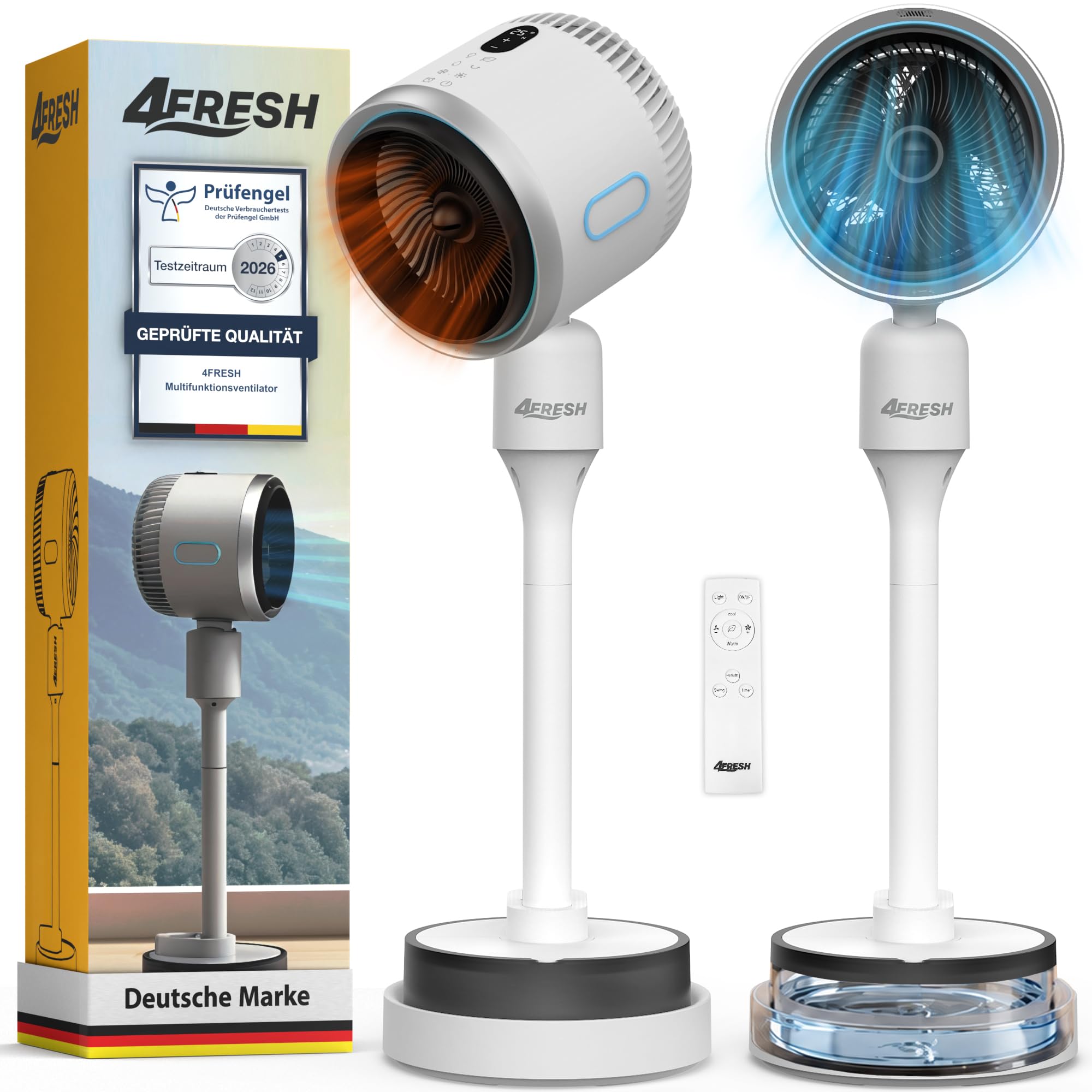 4-in-1 Multifunktionsventilator mit Wasserkühlung, Heizlüfter, Luftbefeuchter & Negativionen, 3 Windstufen, 60° horizontale Oszillation, 12h Timer, Wassertank, Kühlakku, Weiß