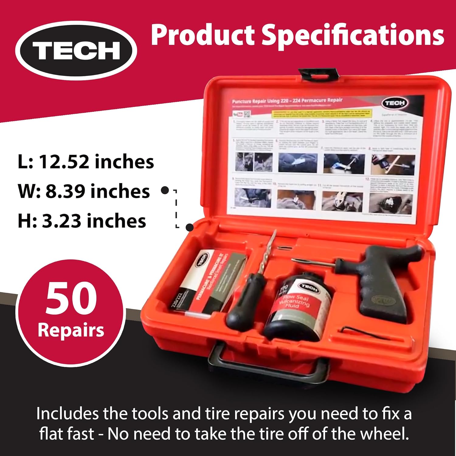 TECH Permacure Tire Repair Kit with Plugs – 50 Plugs & Tools for Permanent Tire Repair, Moisture & Air-Proof Seal, Ideal for Cars, Trucks, ATVs, Motorcycles, SUVs, & More – Portable & Compact Storage