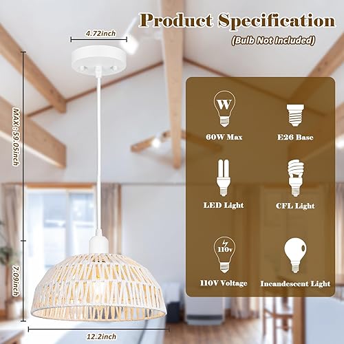 Miniatura 3 de Lámpara colgante de ratán, paquete de 2 unidades, luz colgante de cesta tejida bohemia blanca, lámpara colgante de mimbre hecha a mano, lámpara de