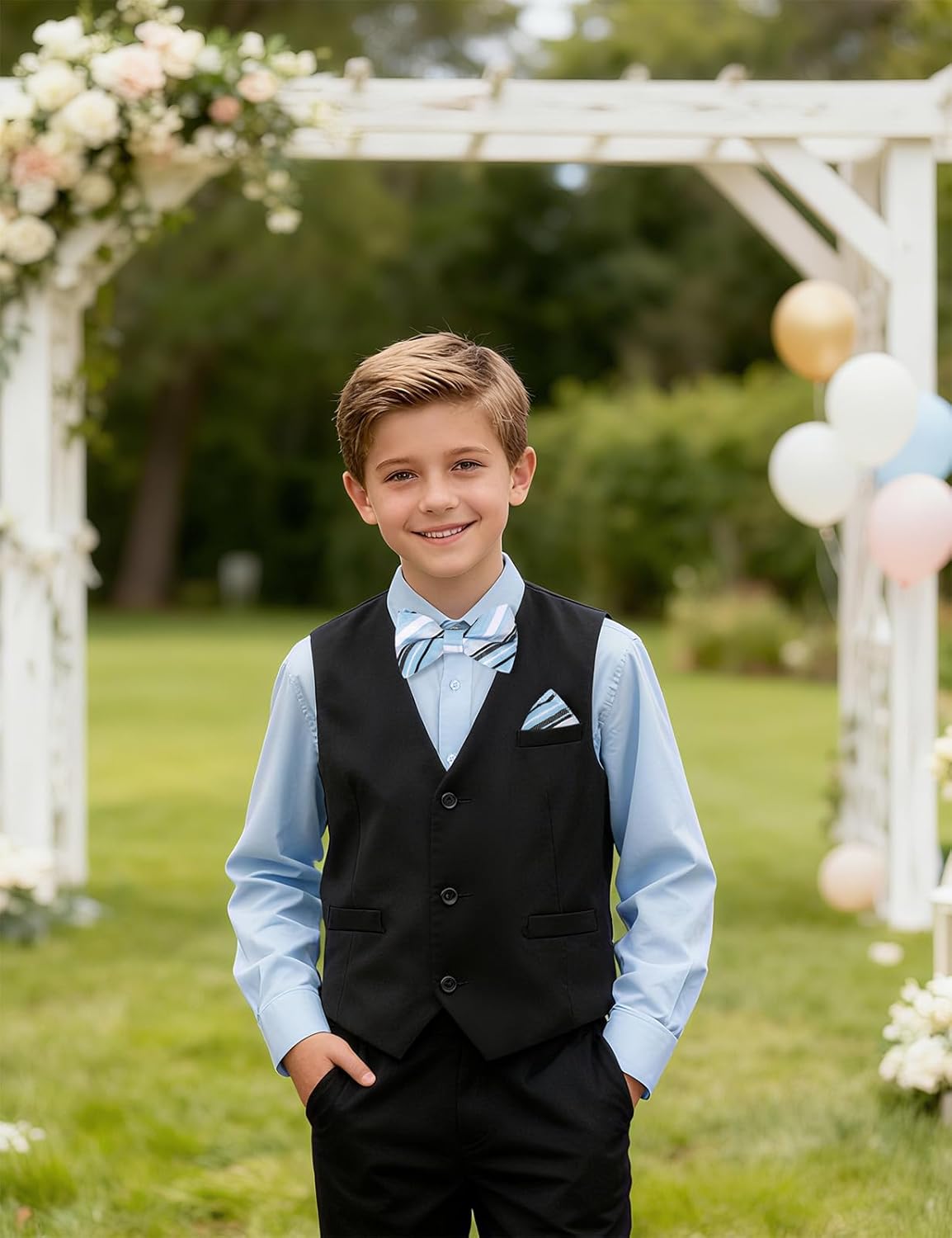 A&J DESIGN Boys 6-Piece Formal Suit Vest and Pant Set with Dress Shirts, Vest, Pants, Tie, Bowtie and Pocket Square