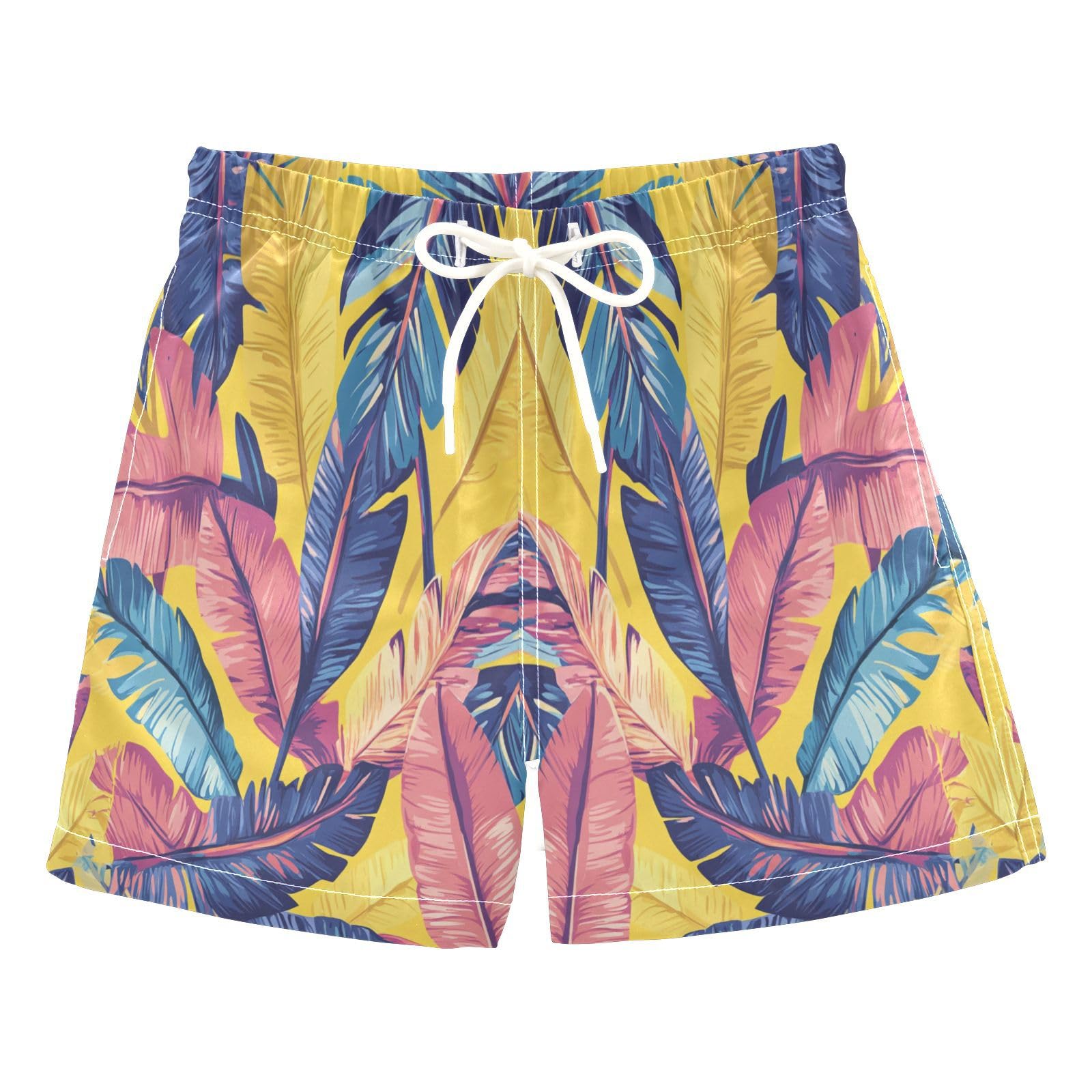 Jucciaco Boys Beach Board Shorts Leaves Feather Colorful Quick Dry Swim Trunk Swimwear for Kids
