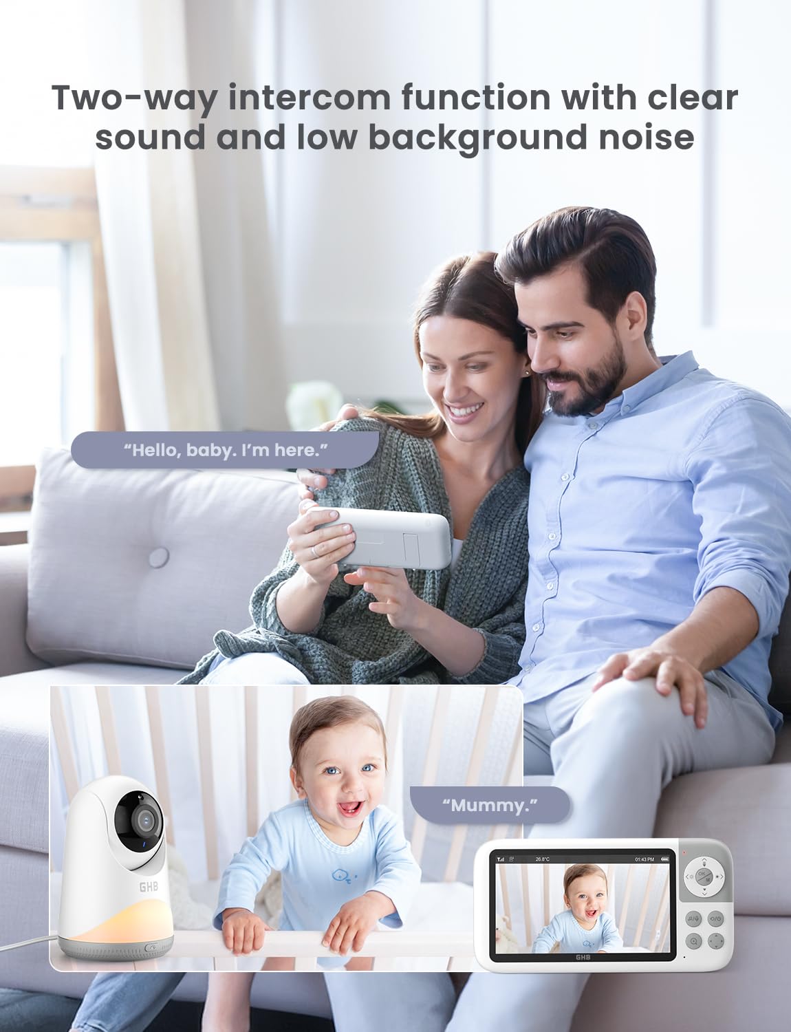 GHB Moniteur bébé avec caméra et vision nocturne Pan-Tilt Zoom 5 pouces 720p IPS Écran 2 voies VoX, température ambiante, berceuses