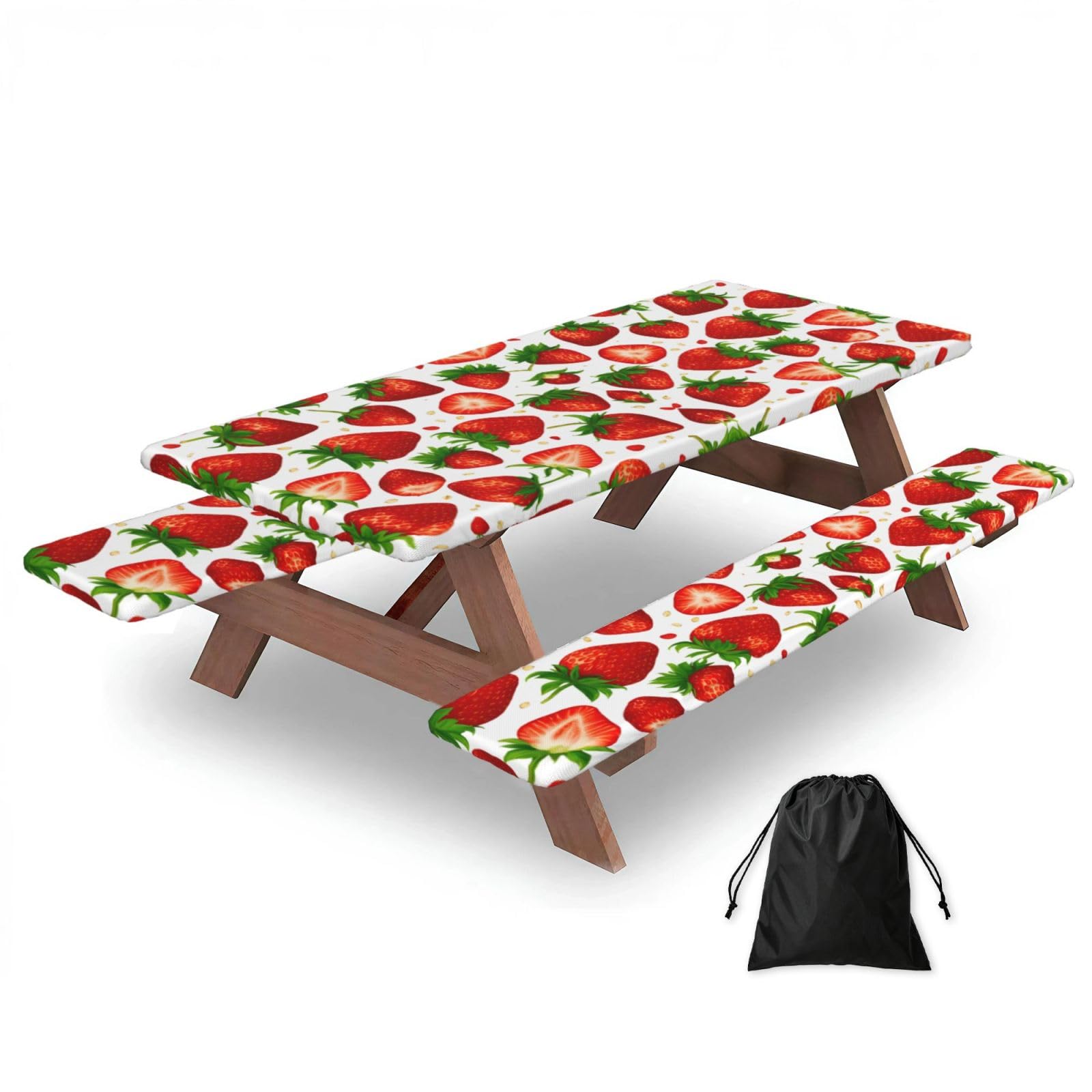 Zyjhyy Black Strawberry Print Party Table Covers With Bench Covers Set Of 3 Picnic Table Cloth Wipe Clean For Garden Camping