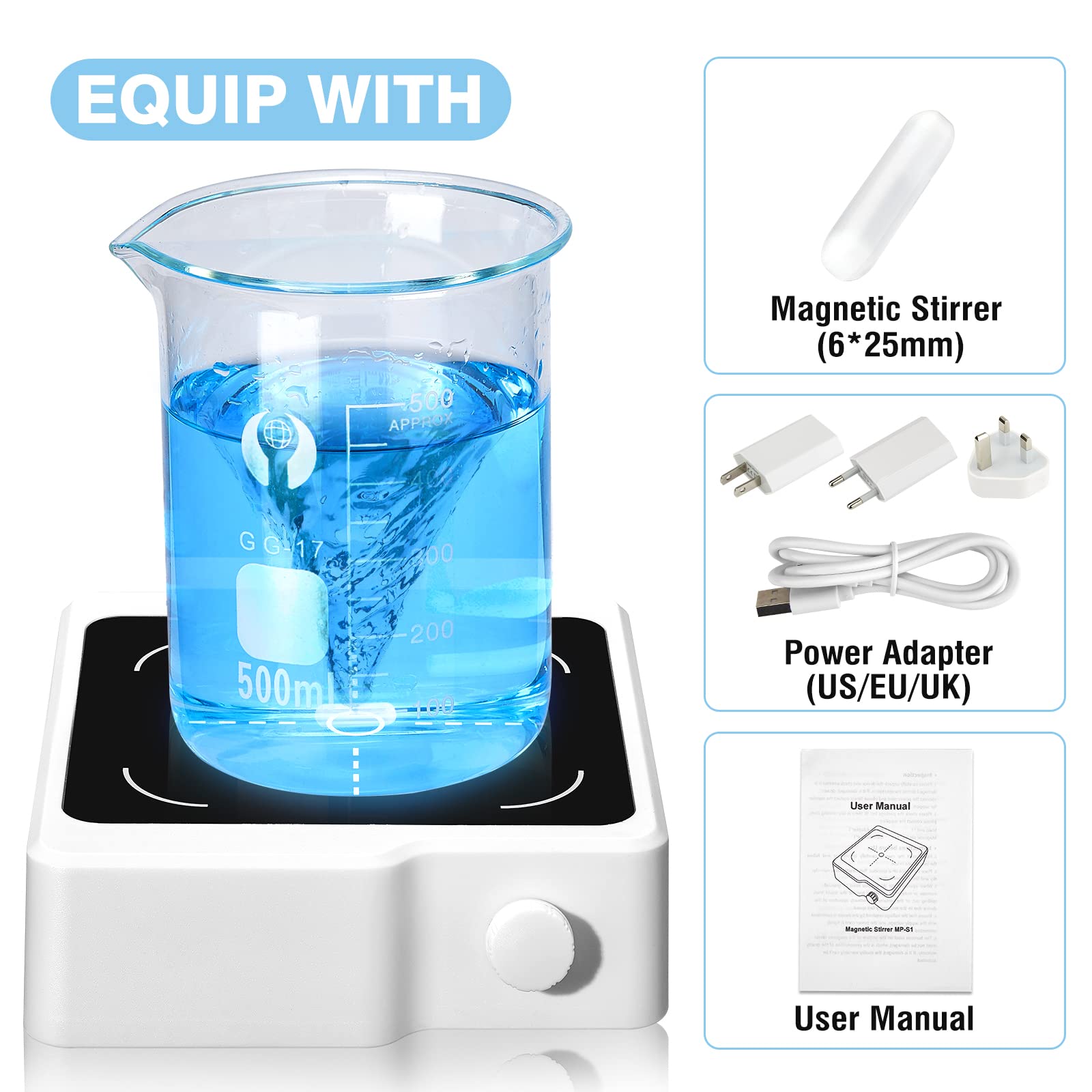 Mini Agitatore Magnetico con Barre di Agitazione 2000 ml Portatile 100-2000 giri/min