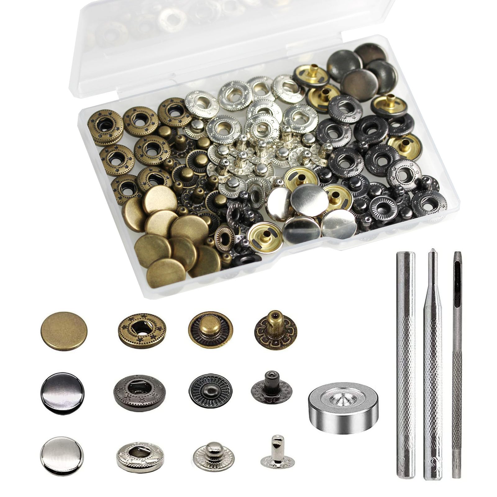 24 Sets Heavy Duty Leather Snap Fasteners Kit, BetterJonny 12.5mm Metal Snap Buttons Press Studs Leather Rivets Snaps with 4 Setter Tools for Clothes Bracelet Jackets Jeans, 3 Color — image 1