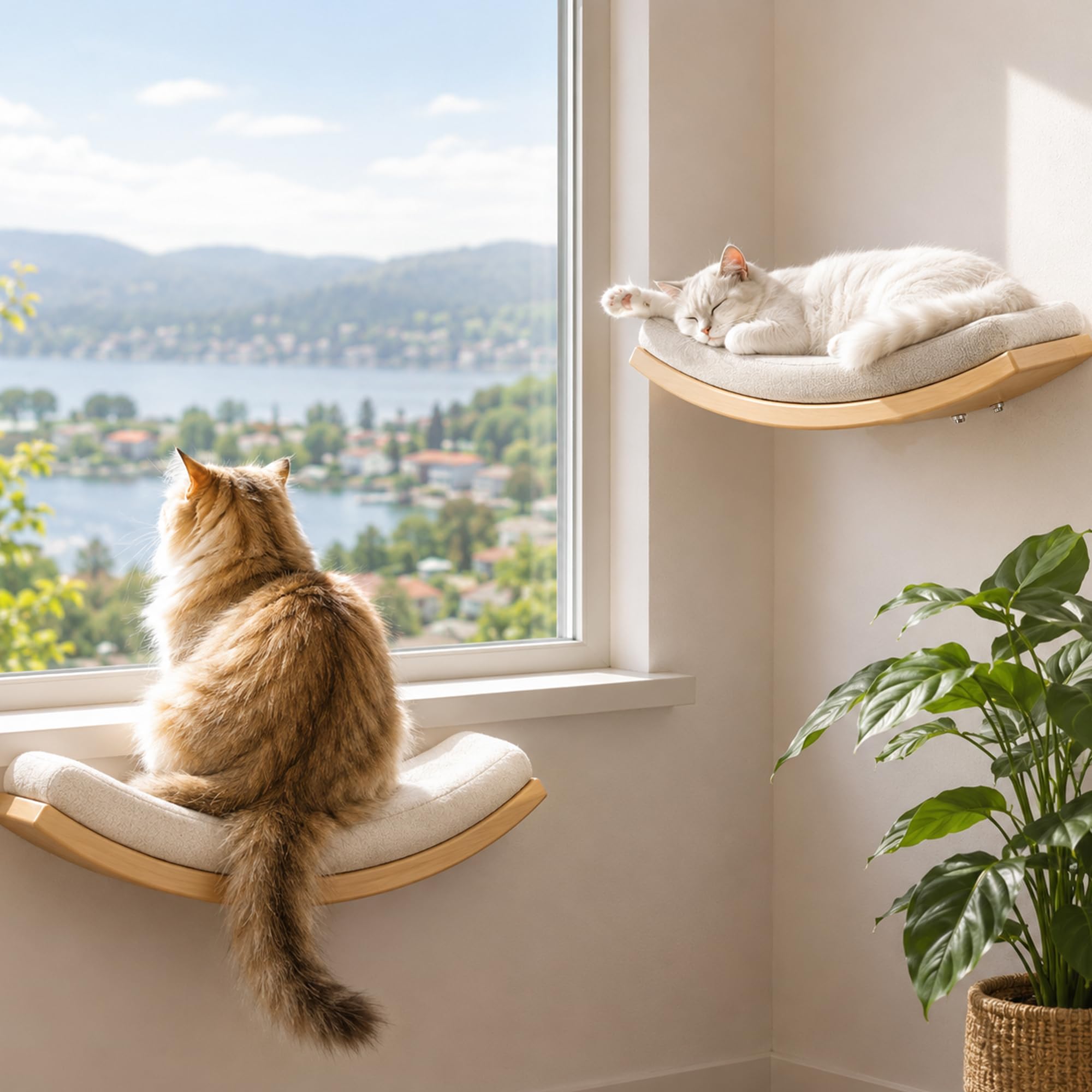 Mur d'escalade pour chat - Étagère murale incurvée avec tapis en mousse - Meuble mural en bois massif pour escalade/jeu/dormir