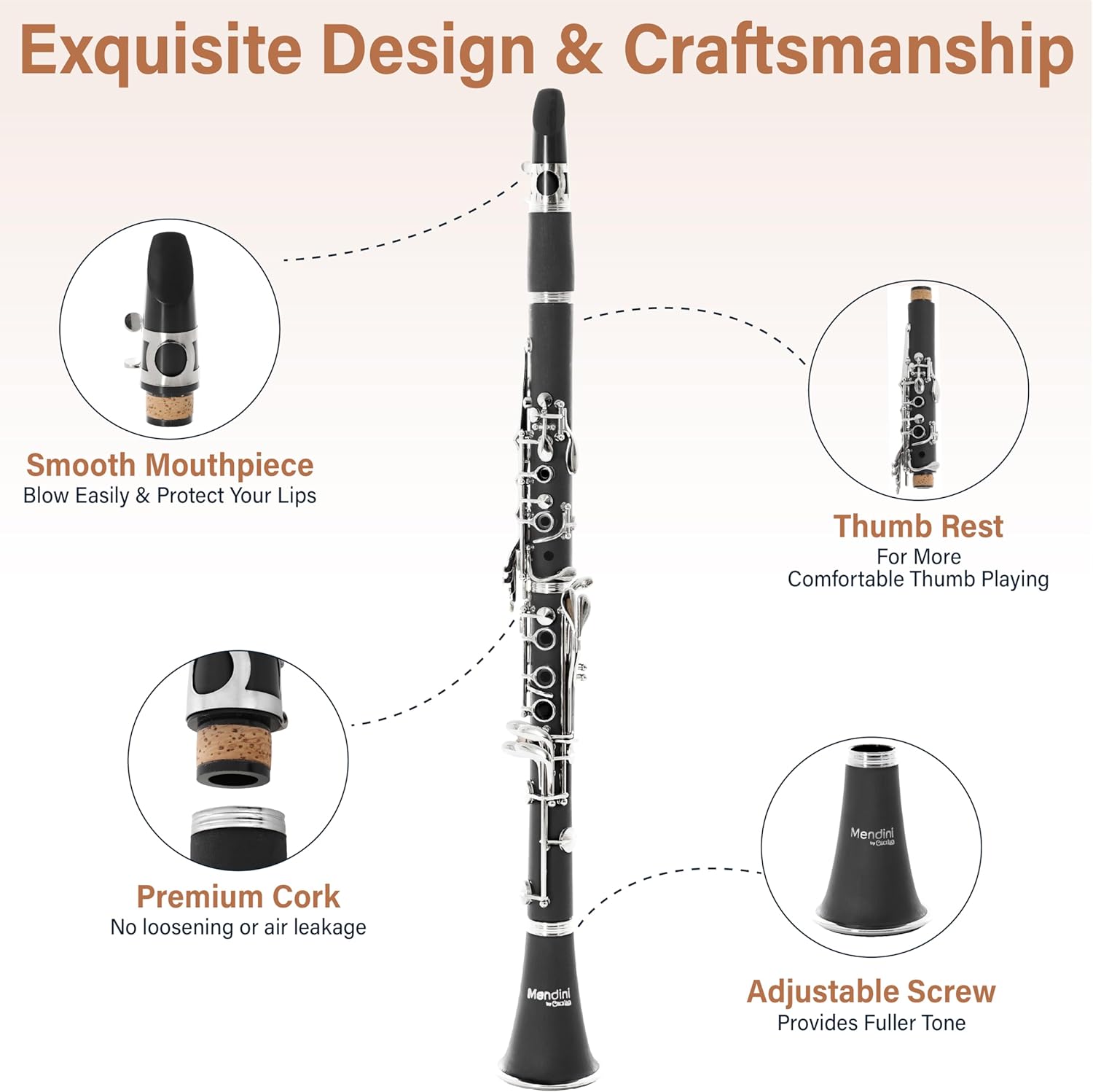 Mendini By Cecilio B Flat Clarinet for Beginner, Ebonite Bb Clarinet with 10 Reeds, Mouthpiece, Cork Grease, Gloves, Cleaning Cloth, Hard Case, Pocketbook, Stand (Black)