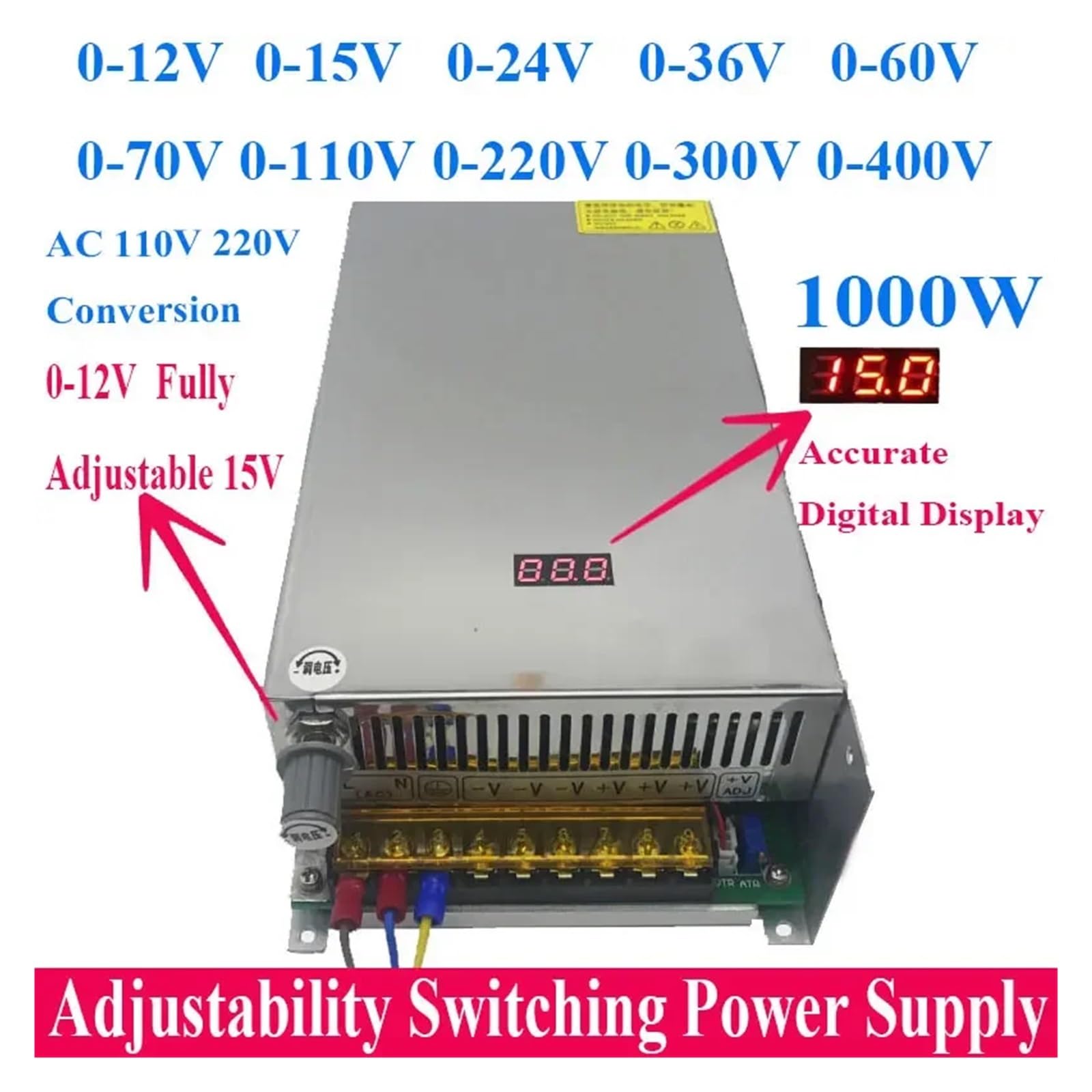 Regulowany zasilacz impulsowy 1000 W DC 0-12 V 24 V 36 V 48 V 60 V 70 V 300 V 400 V Cyfrowy wyświetlacz napięcia Adapter transformatora Sterownik do laboratorium komputerowego do urządzeń elektroniczn