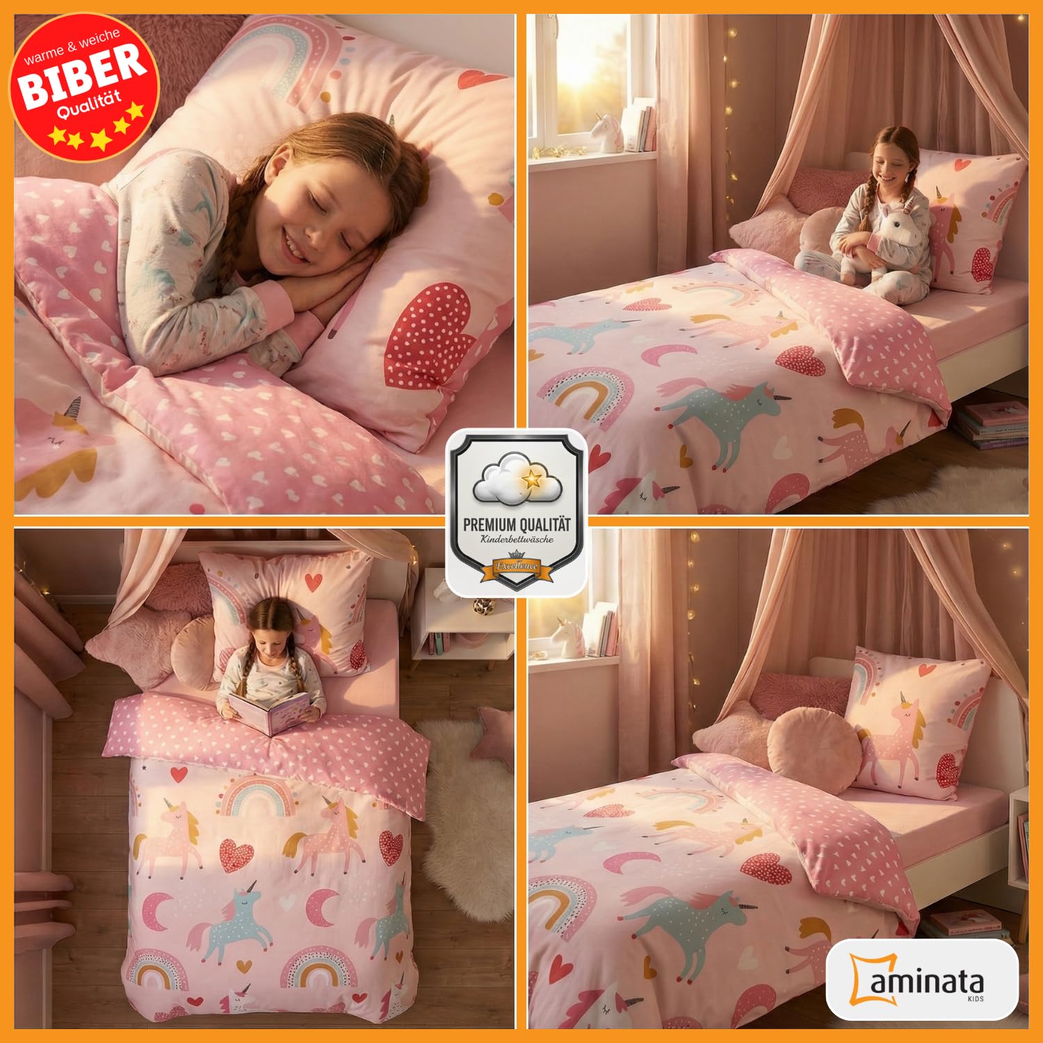 Aminata kids Biber Bettwäsche 135x200 Kinder Einhorn-Motiv Mädchen 100% Baumwolle, Reißverschluss, Kinder-Wende-Bettwäsche-Set Unicorn, warm & kuschelig, rosa pink