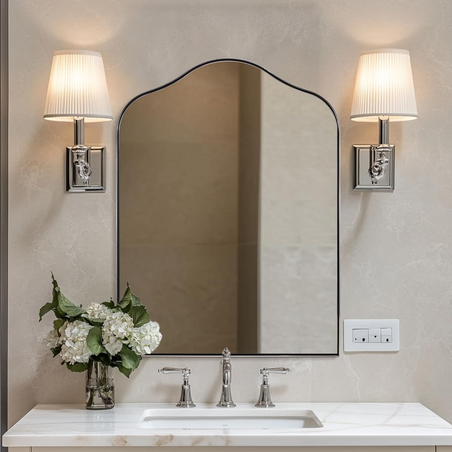 ANDY STAR Scalloped Arched Mirror, 30x40 Polished Chrome Irregular Bathroom Mirror for Vanity, Asymmetrical Curved Top with Anti-Rust Stainless Steel Frame, for Entryway, Bedroom, Mantel, Fireplace