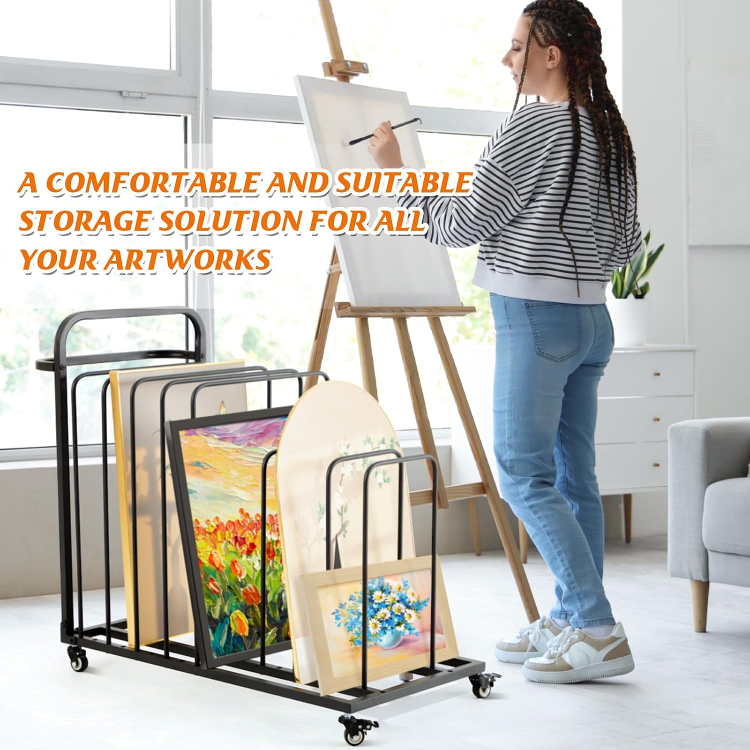 Landhoow Art Canvas Storage Rack, Adjustable Metal Art Drying Painting Rack Black Painting Storage Easel Display Stands with Caster Wheels and Handle for Canvas Boards, Panels, Frames, Crafts Drying