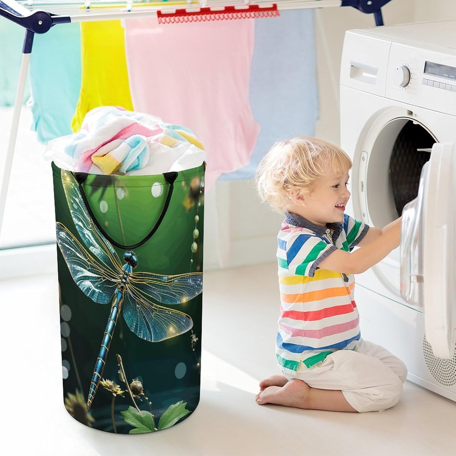 Dragonfly Green Laundry Hamper with Handles Waterproof Collapsible Laundry Basket Large Lightweight Round Dirty Clothes Hamper for Home Dorm Bathroom Decor