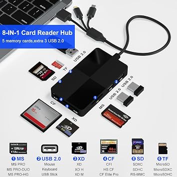 Memory Stick pro Duo Adapter Reader - 8 in 1 SD/TF/MS/CF/XD Card Reader with 3 USB 2.0 Ports for iPhone/Computer/USB-C Device, Built-in 3-in-1 Connector (Lightning, USB-C and USB-A), No App Required