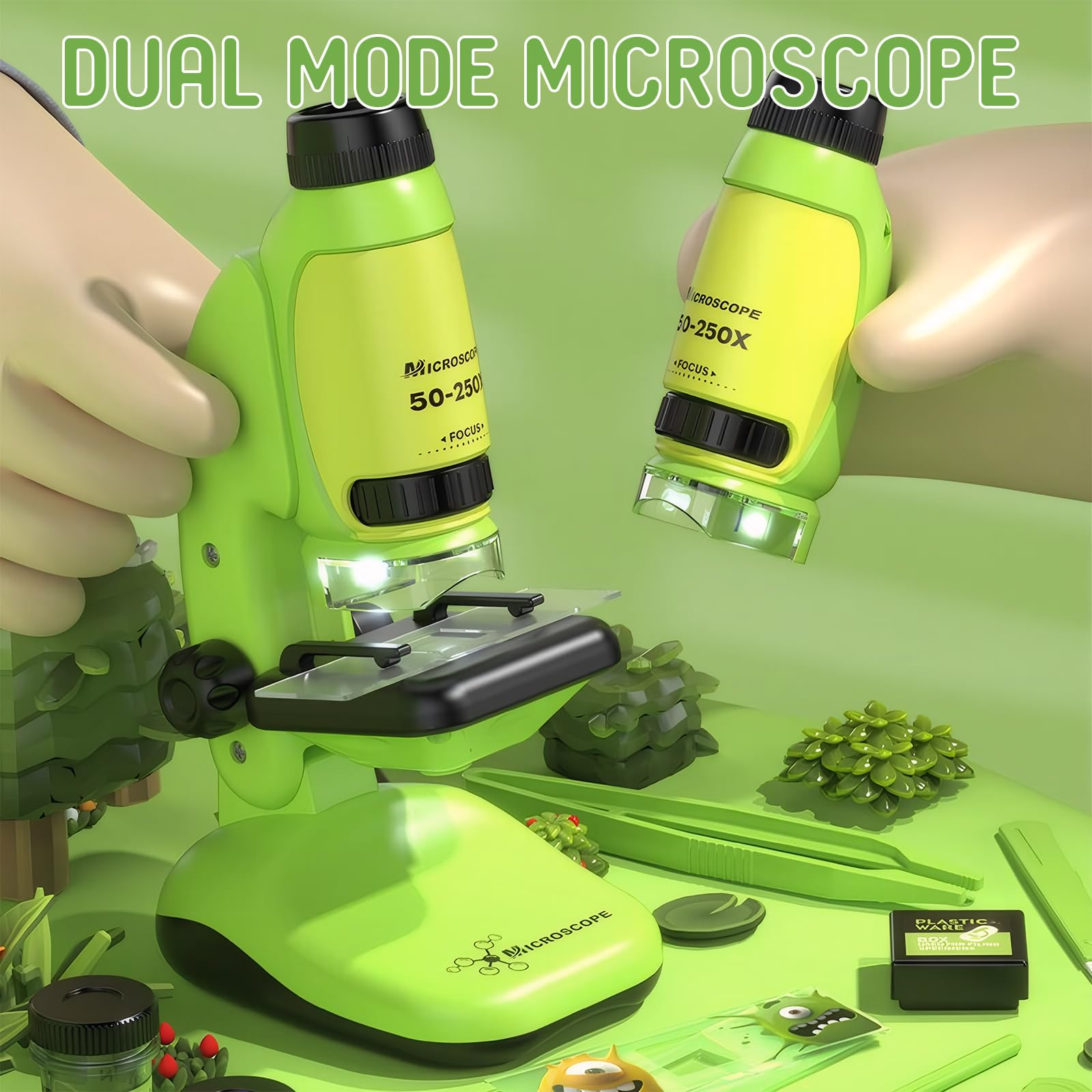 Todeco 50X-250X Microscope pour Enfants, Microscope de Poche et de Table 2 en 1, avec Zoom éclairé par LED, pour Les Enfants, Les étudiants, l'observation microbiologique