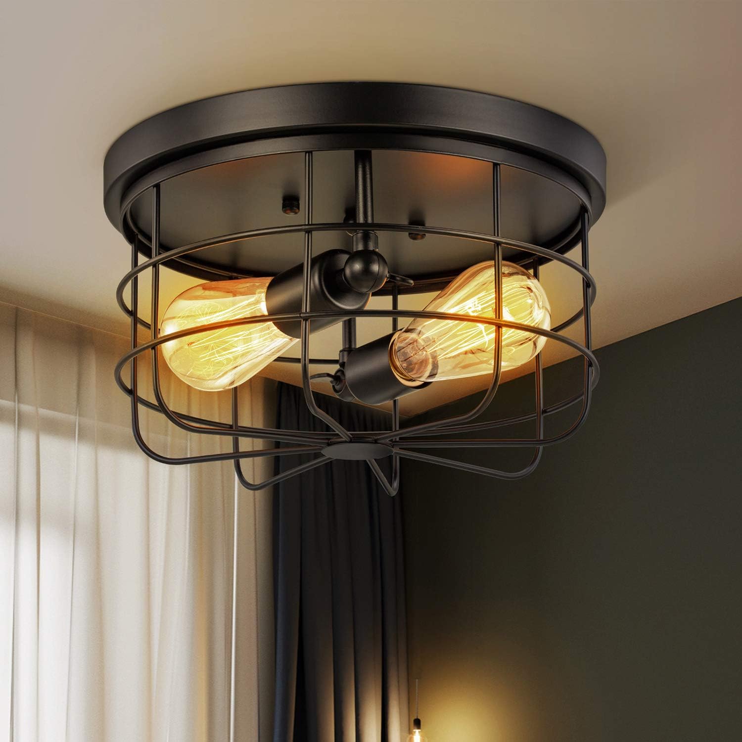 Tech Deals 🔥 Industrial Semi Flush Mount Ceiling Light, E26 Vintage Metal Cage Ceiling Light Fixture 2Lights for Bedroom, Kitchen, Dining Room, Living Room, Hallway,