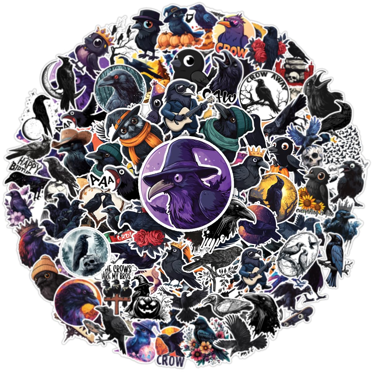 100pcs Crow Stickers - Cute Raven Stickers Waterproof Decals for Water Bottles Laptop Luggage Computer Scrapbooking Teens Adults Girls Funny Party