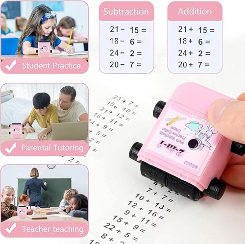 Miniatura 5 de Juego de sellos de rodillo de matemáticas para niños, paquete de 3 repuestos, suma y resta 2 en 1, sellos digitales autoentintados para profesores