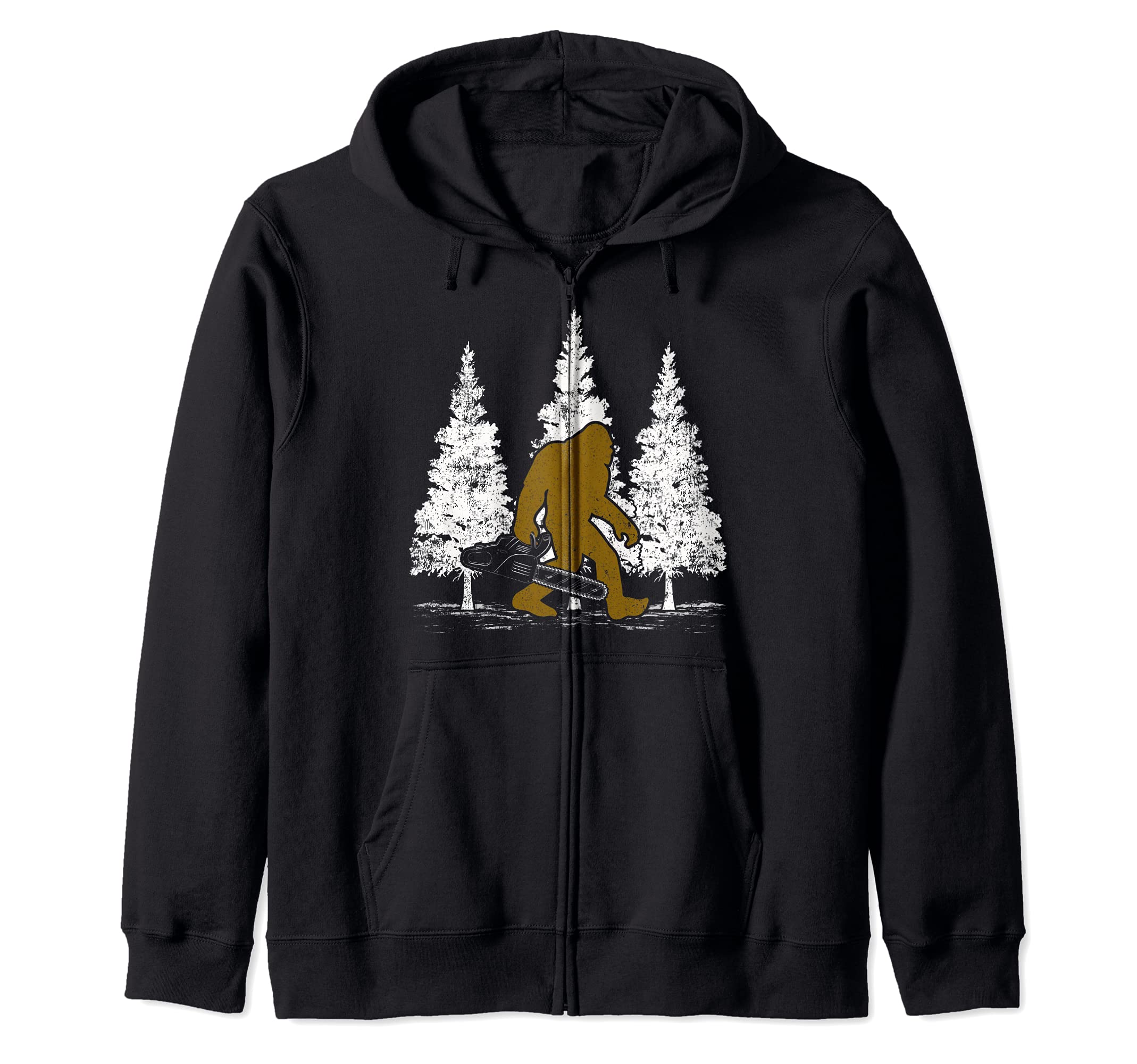 Bigfoot Carrying Chainsaw Lumberjack Sasquatch Zip Hoodie, Black
