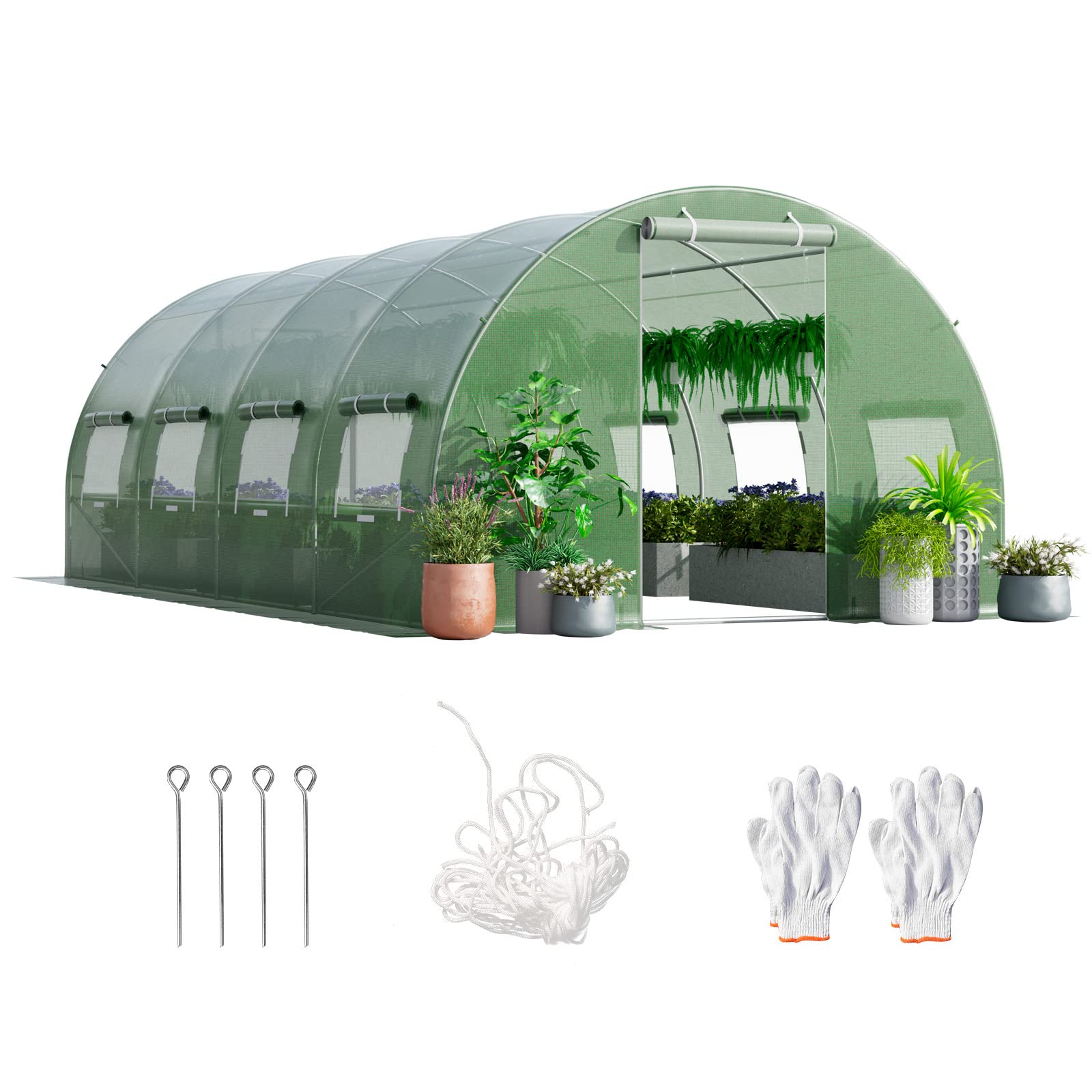 RELAX4LIFE Invernadero de jardín, 18 m², Invernadero túnel de jardín 6x3x2m con Marco de Acero galvanizado, 2 Puertas y 10 Ventanas enrollables, Funda de PE para Verduras, Frutas, Flores