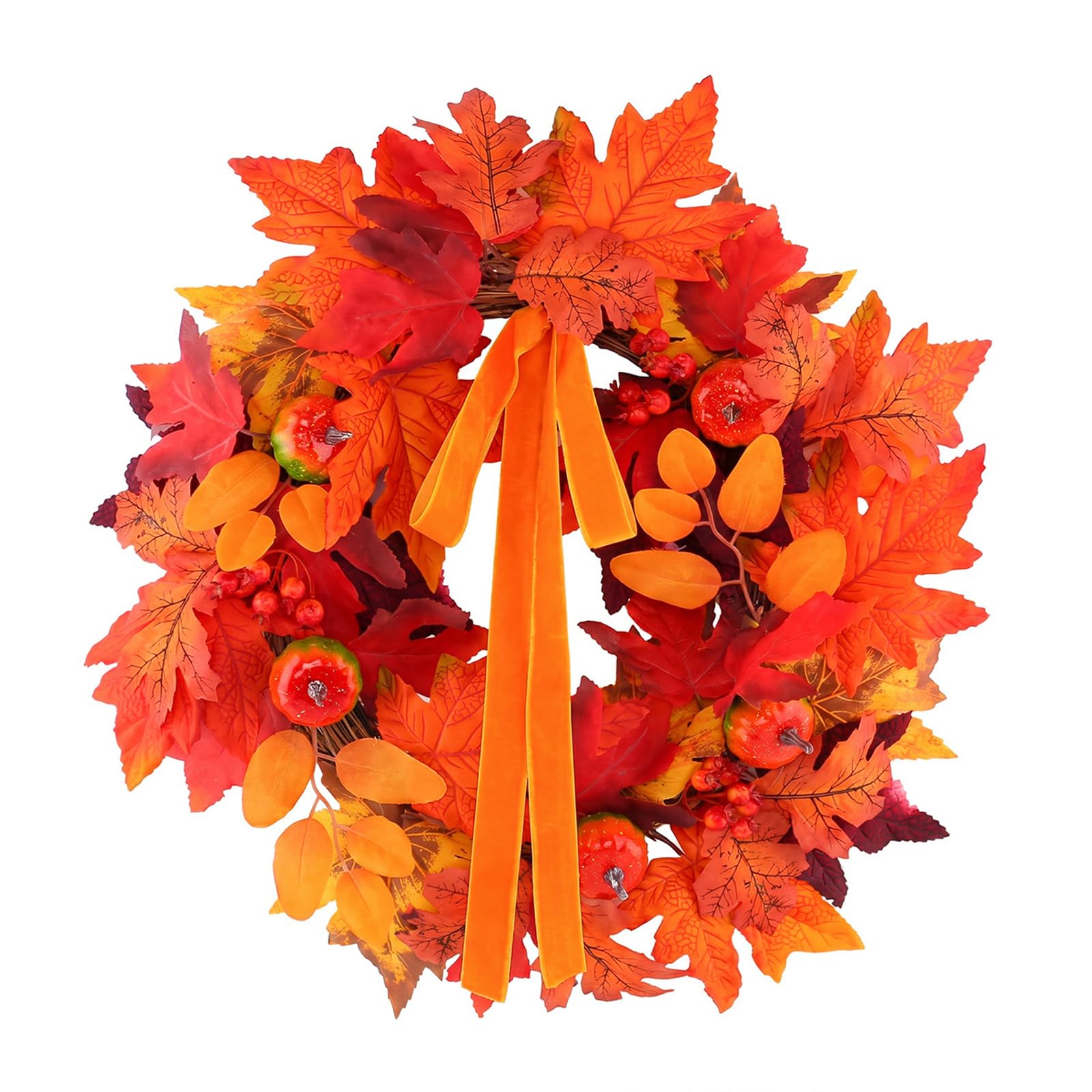 Whoasyst Autumn Wreath with Pumpkins and Faux Maples Leaves Fall Themed Garlands for Seasonal Home Decoration Thanksgiving Wreath