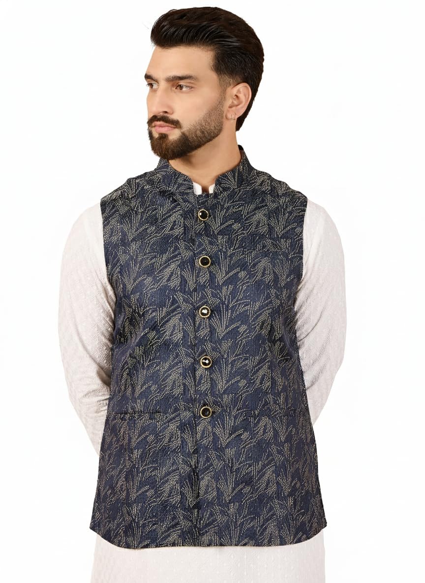 amazon brand - tavasya Men Blueberry blue printed Jacquard Nehru Jacket (HOPMJ0365_XL)-picture-32