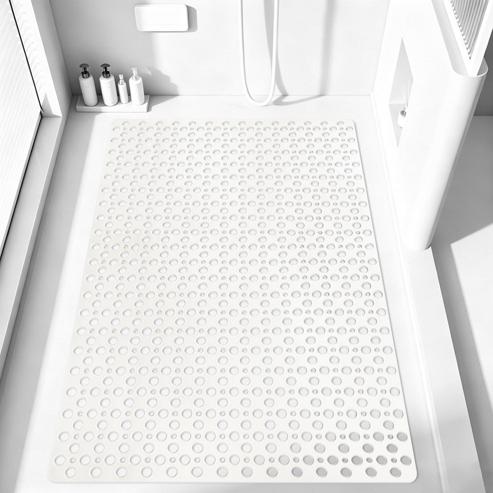 Lurowo Shower Mats Non Slip Anti Mould, 80 x 120 TPE Bathroom Mats with Suction Cups for Shower and Tub, Machine Washable Tub Mat with Drain Holes (Pure White, 80 x 120 cm (Rectangular))