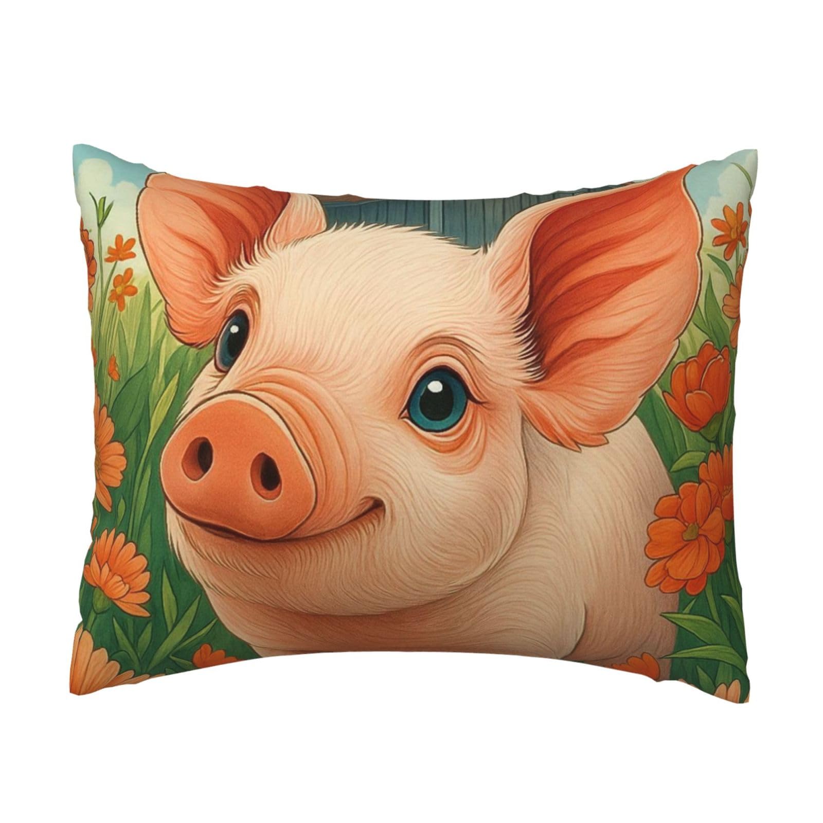 Cute Farm Pig and Flowers Pillowcase Soft Plush with Zipper Decorative Pillowcovers 16x20 in