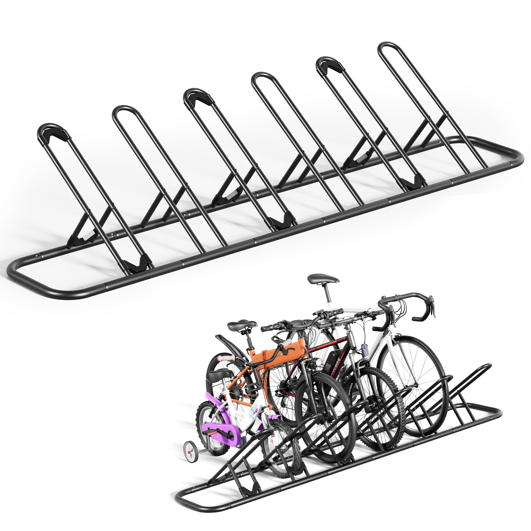 Mr IRONSTONE Floor Bike Rack for Garage, Indoor Outdoor Bicycle Storage Stand, Bike Parking Rack for Mountain, Road &amp; Kids Cycles (Black, 6-Slot)