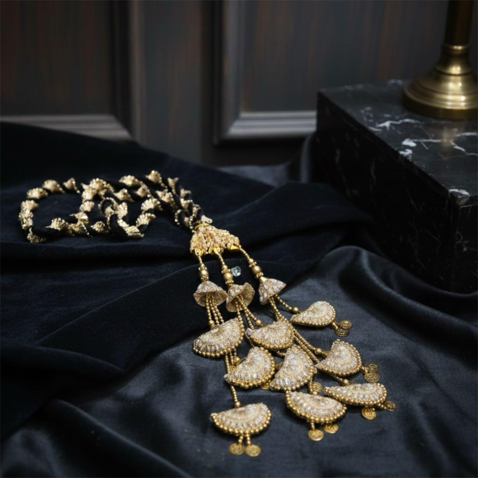Punjabi Bridal Parandi/Paranda | Black & Gold Braided Hair Extension with Mirror & golden Latkan Tassels | Traditional Ethnic Hair Accessory for Wedding, Haldi, Mehendi, Jaggo, Festive Occasions (Antique Gold)