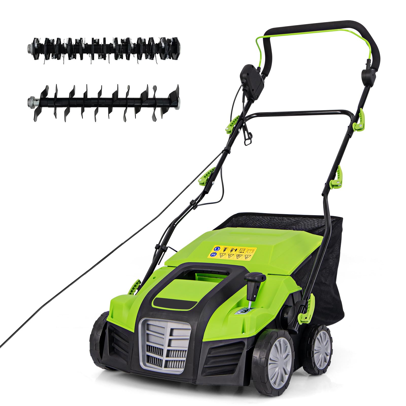 RELAX4LIFE Elektro Vertikutierer Rasenlüfter, 2000W|42cm Arbeitsbreite|5 Stufen Arbeitstiefe|55L Fangkorb|3 Stufen Höhe, Rasenvertikutierer mit Messerwalze & Lüfterwalze, für Rasenpflege (Grün)