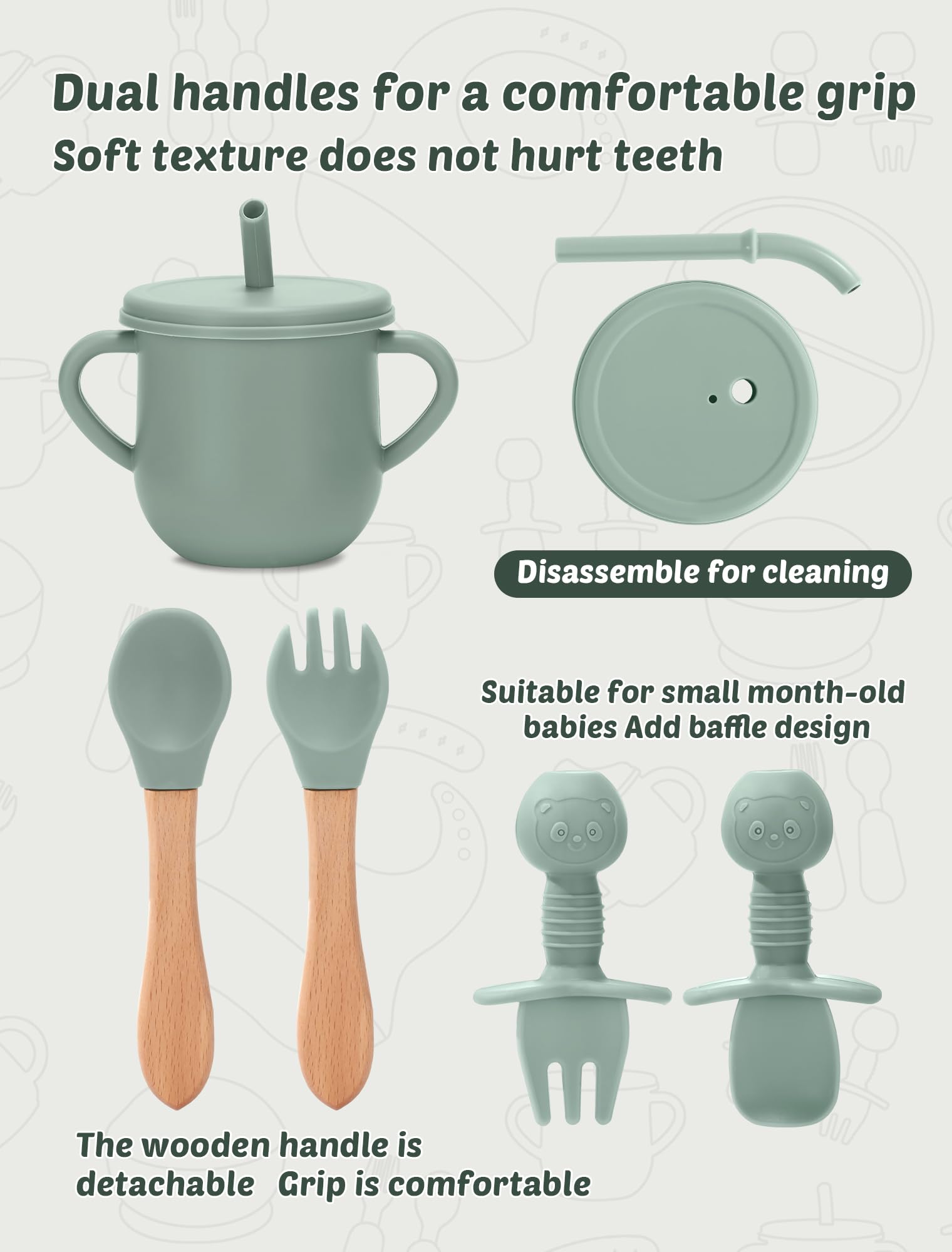 Condition photo showing New/Like New for 24 pcs silicone baby feeding set, baby led weaning supplies includes suction bowls and divided plates, adjustable silicone bib, spoons&forks, training cup with straw (green+brown+beige)
