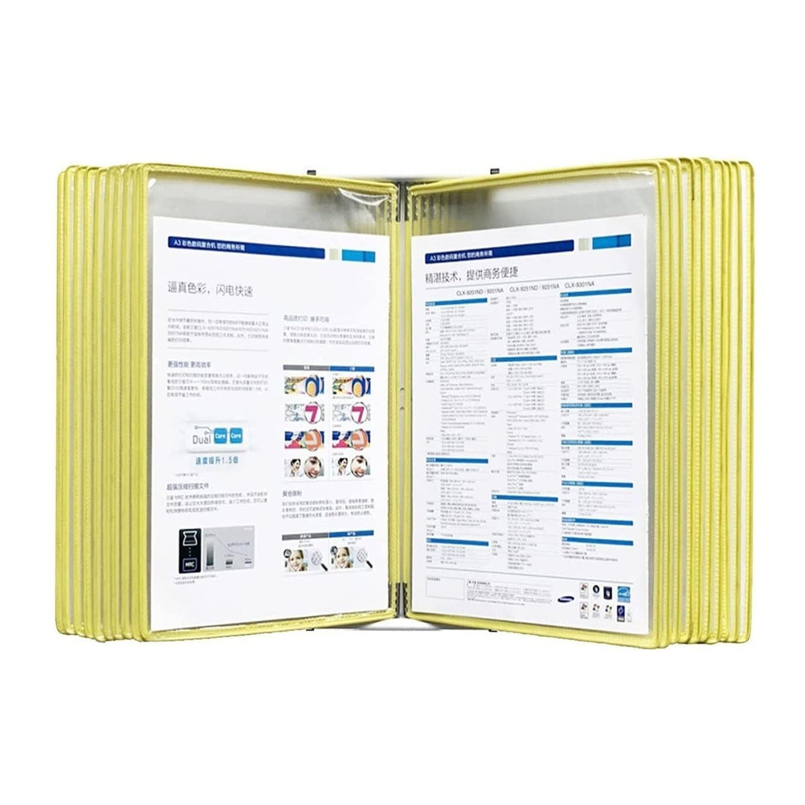 Exhibidor de mesa amarillo con 20 fundas A4 para organizar documentos de oficina